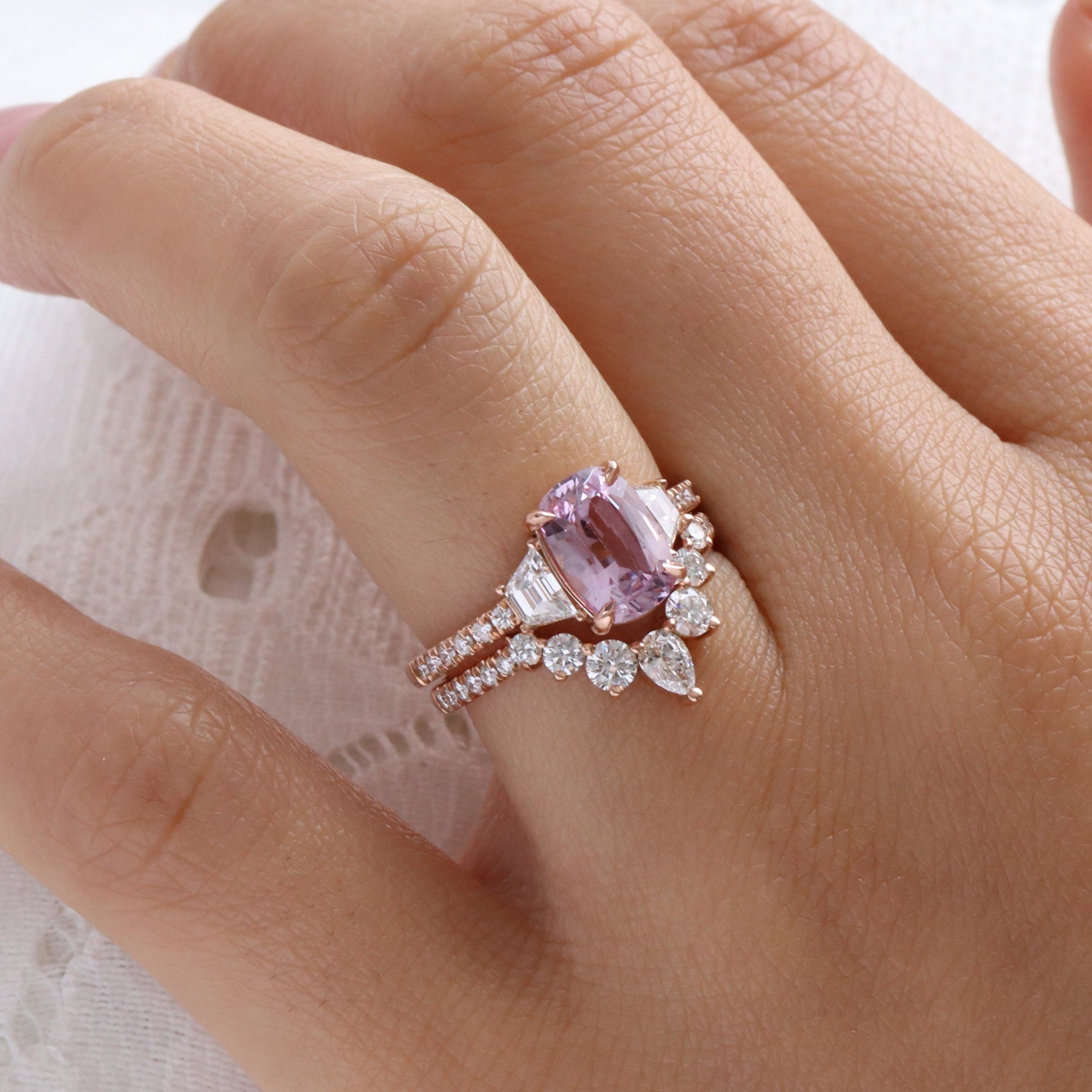 elongated cushion purple pink sapphire ring rose gold unique sapphire engagement ring sapphire diamond 3 stone ring la more design jewelry