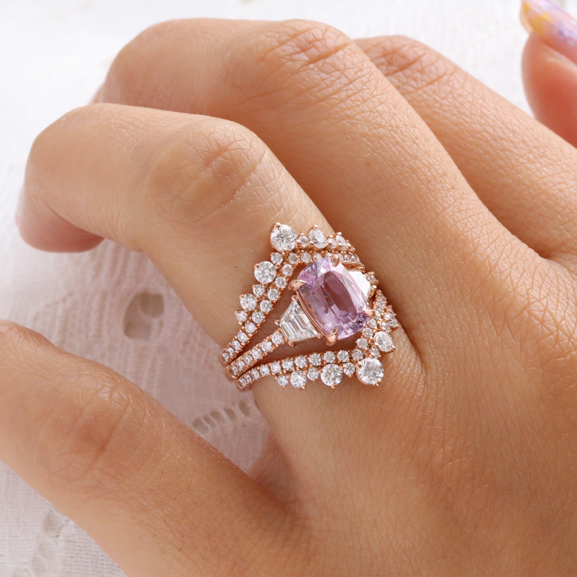 elongated cushion purple pink sapphire ring rose gold unique sapphire engagement ring sapphire diamond 3 stone ring la more design jewelry