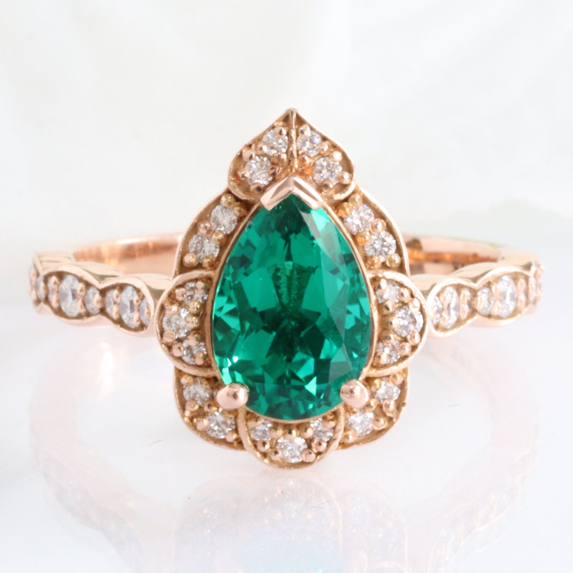 Large pear emerald engagement ring rose gold vintage halo diamond emerald ring la more design jewelry