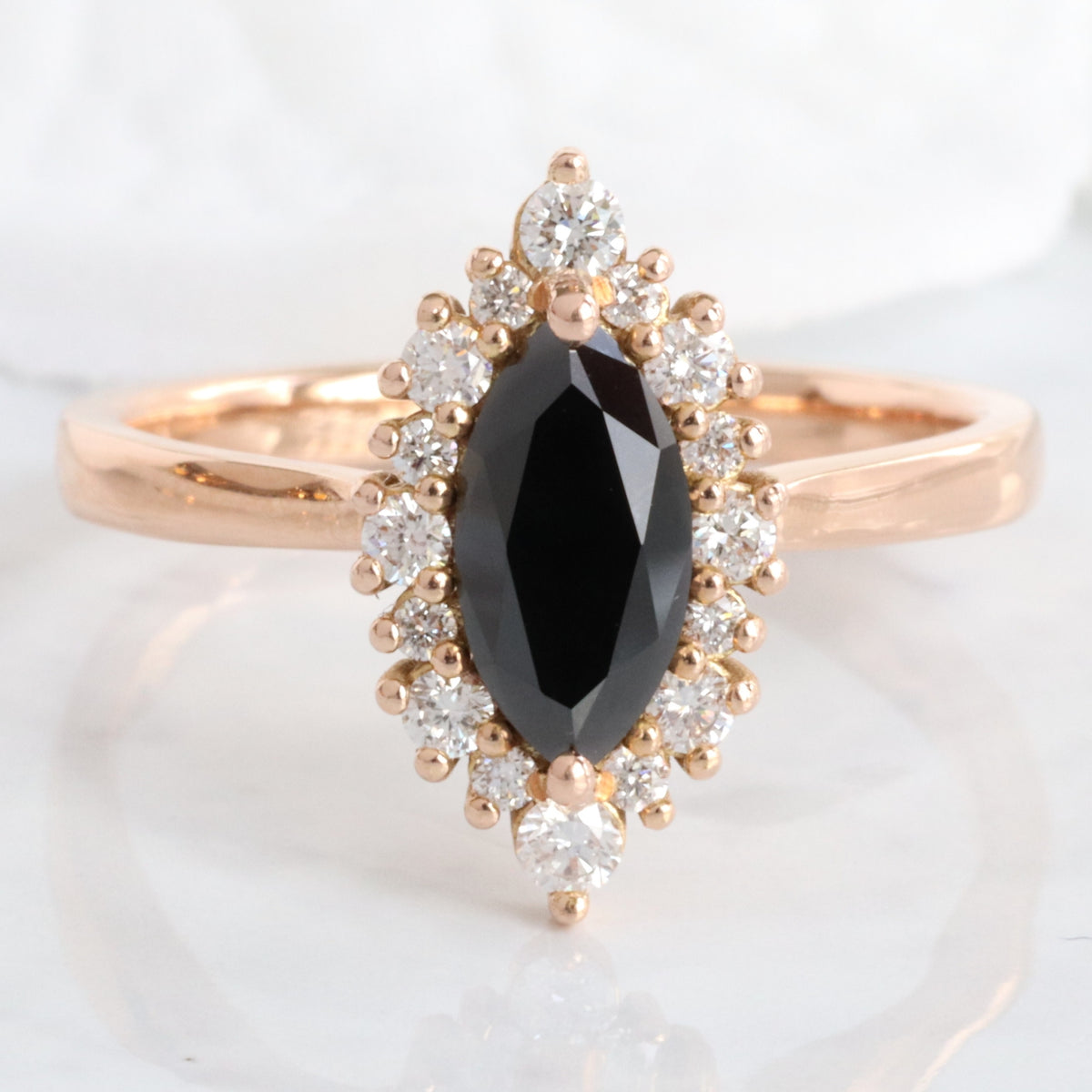 Unique marquise black diamond ring rose gold black halo diamond engagement ring la more design jewelry