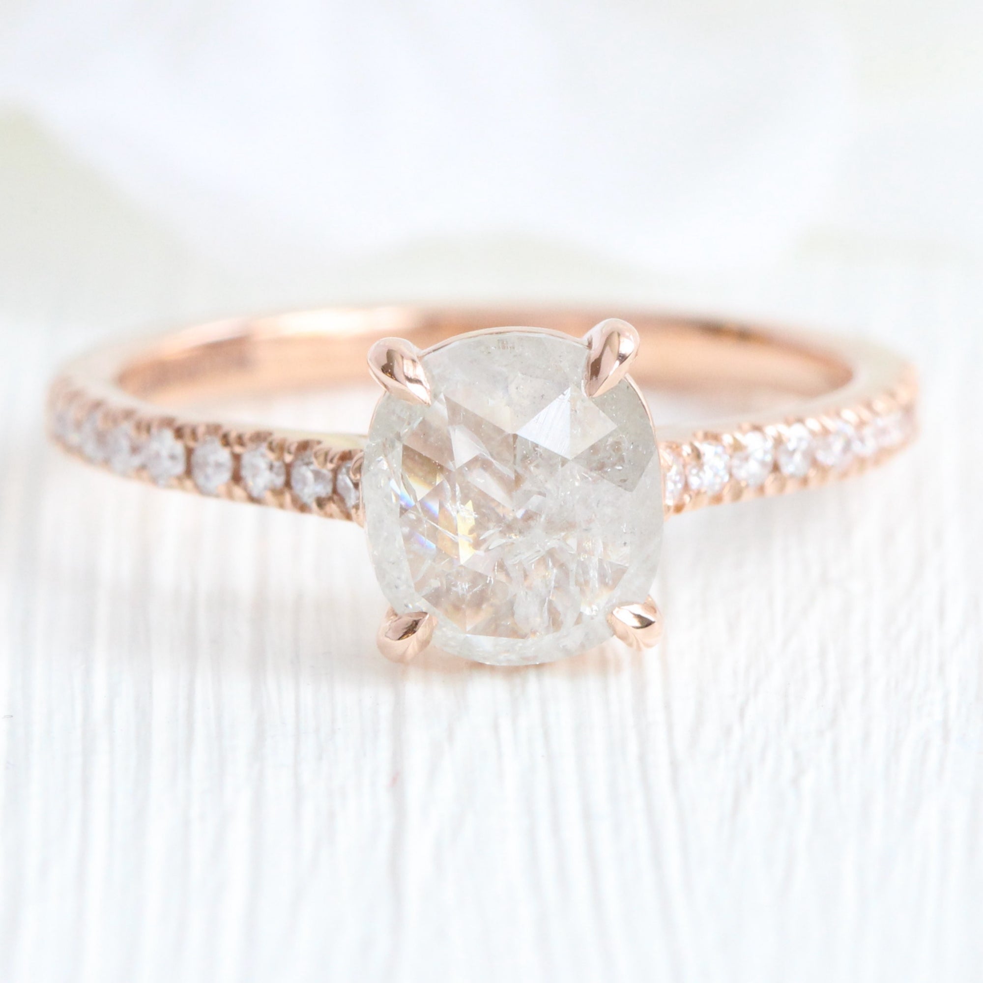 Rose cut cushion salt and pepper diamond ring rose gold solitaire grey diamond pave band la more design jewelry