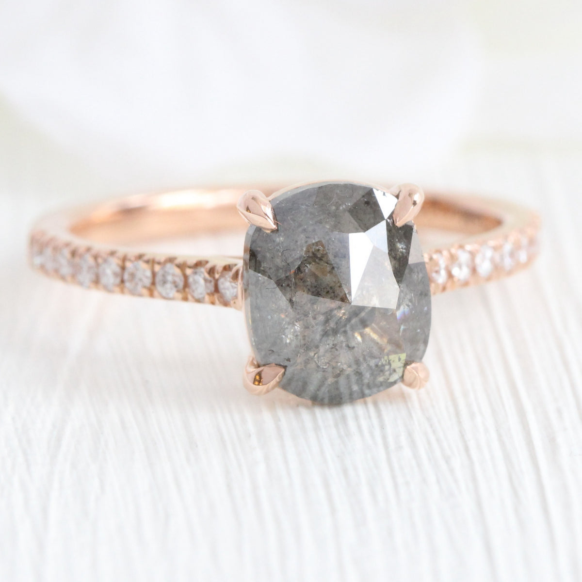 Rose cut cushion salt and pepper diamond ring rose gold solitaire grey diamond pave band la more design jewelry