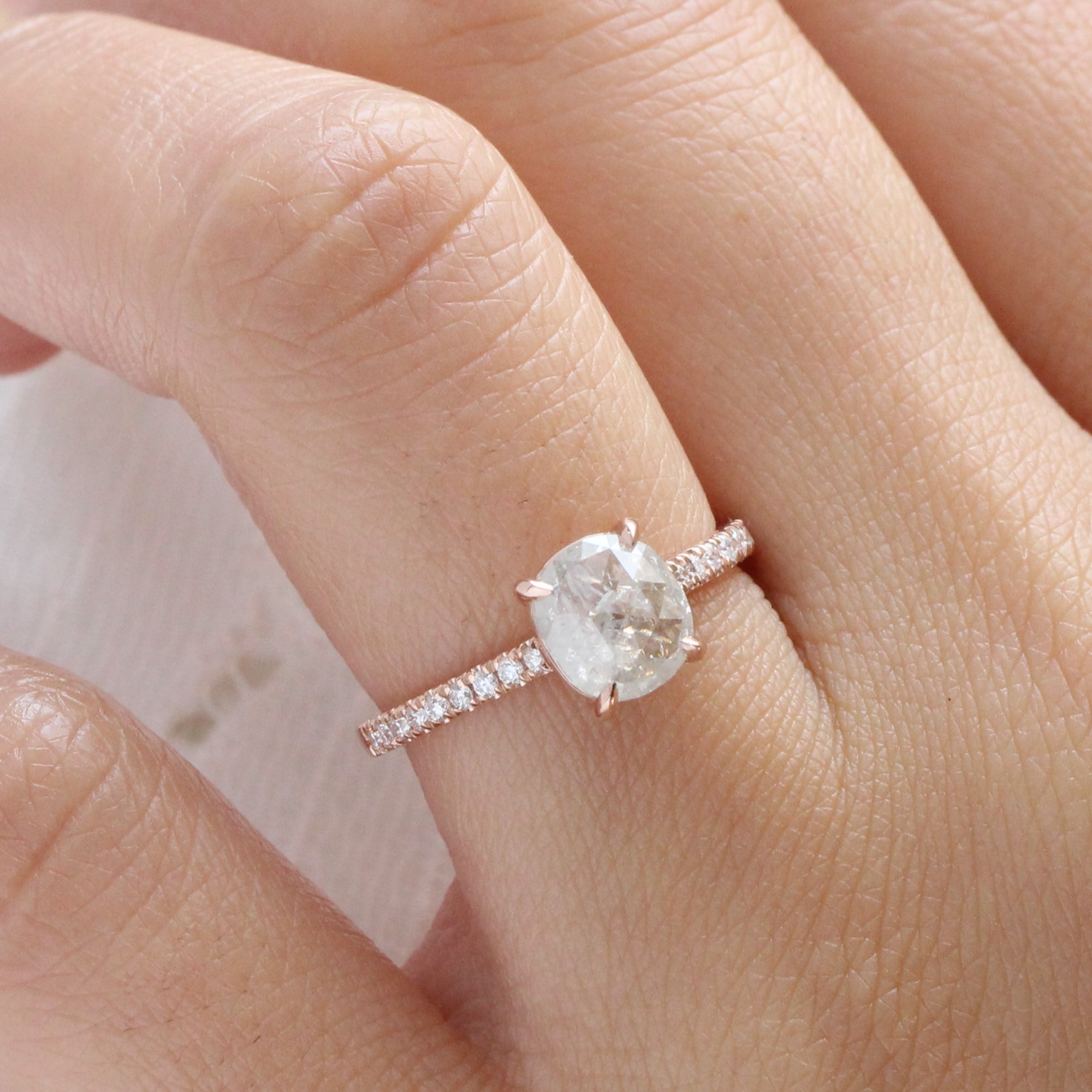 Rose cut cushion salt and pepper diamond ring rose gold solitaire grey diamond pave band la more design jewelry