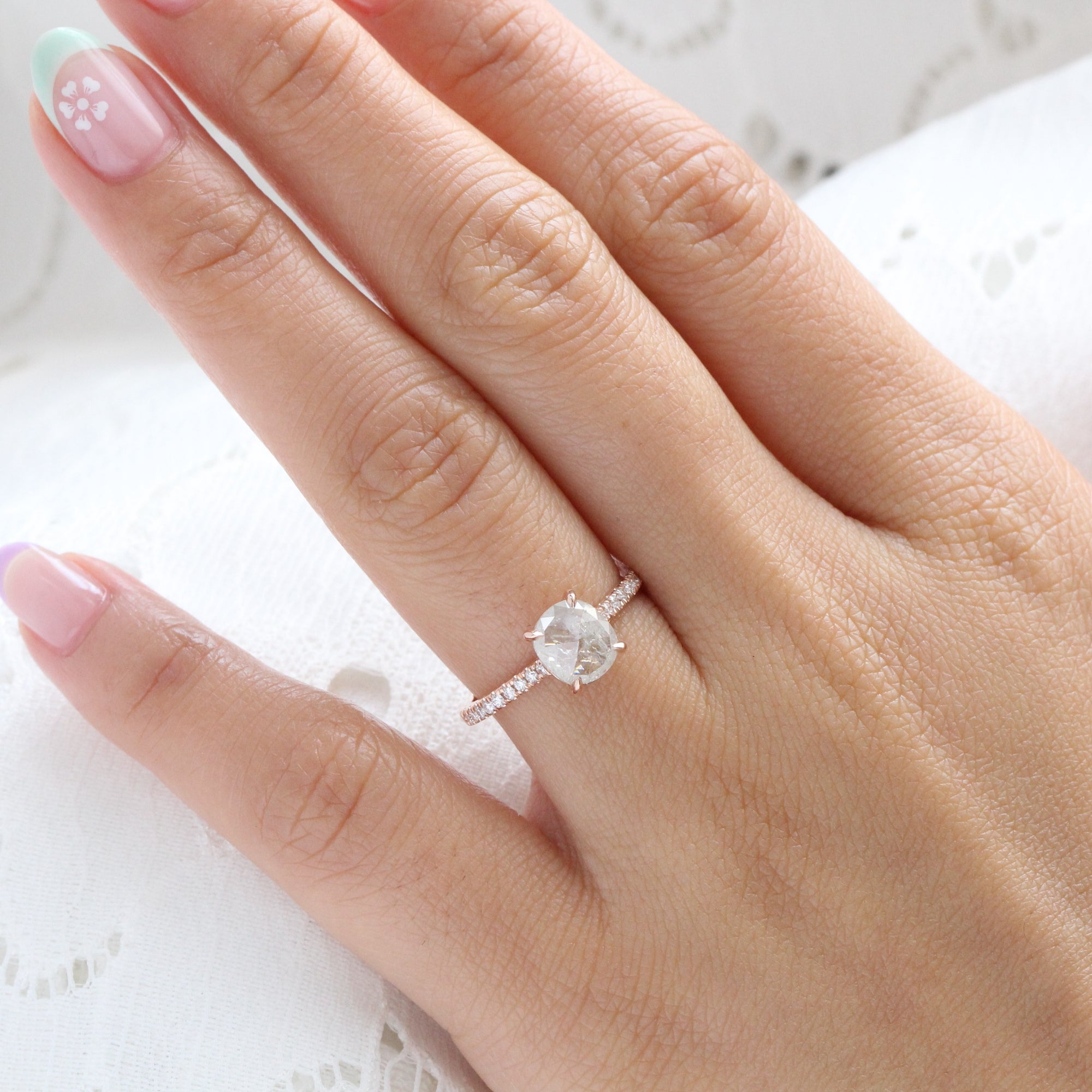Rose cut cushion salt and pepper diamond ring rose gold solitaire grey diamond pave band la more design jewelry
