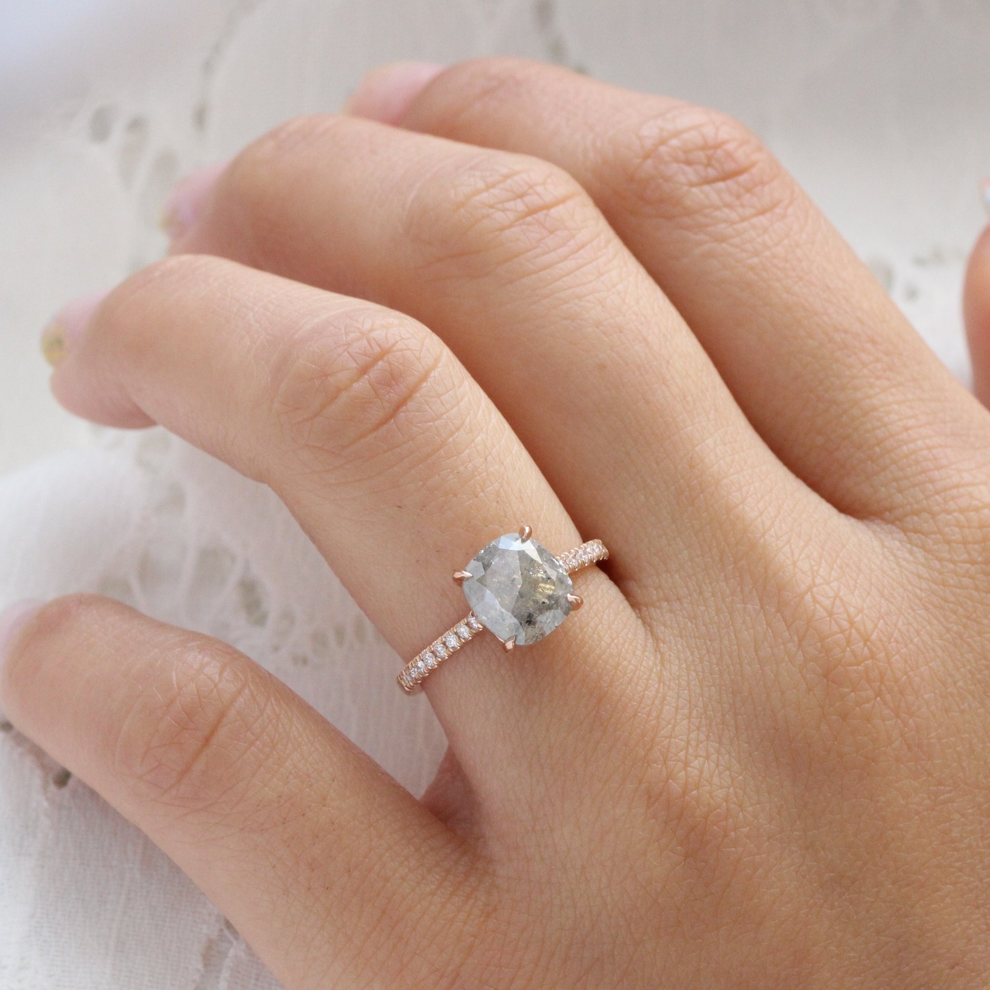 Rose cut cushion salt and pepper diamond ring rose gold solitaire grey diamond pave band la more design jewelry