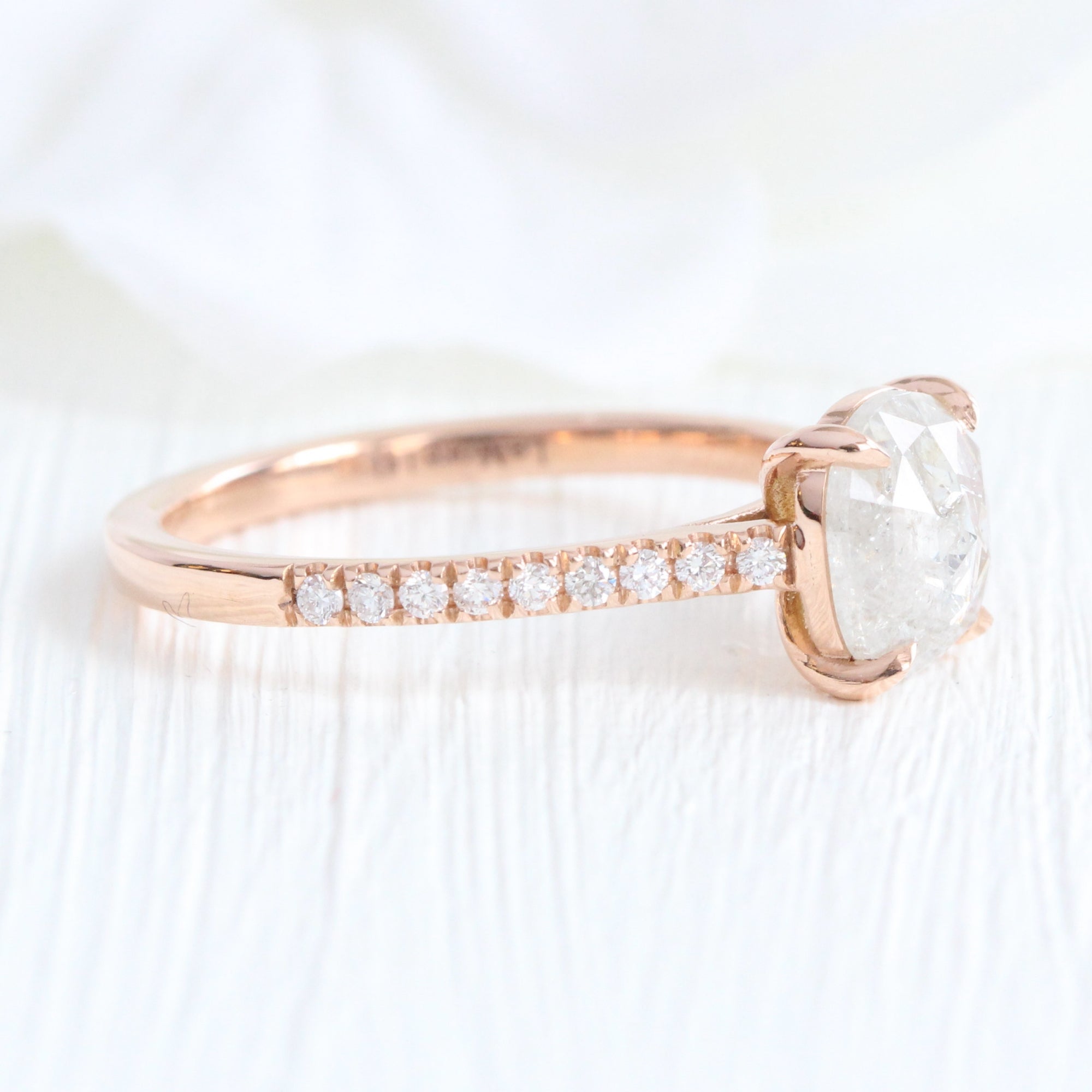 Rose cut cushion salt and pepper diamond ring rose gold solitaire grey diamond pave band la more design jewelry