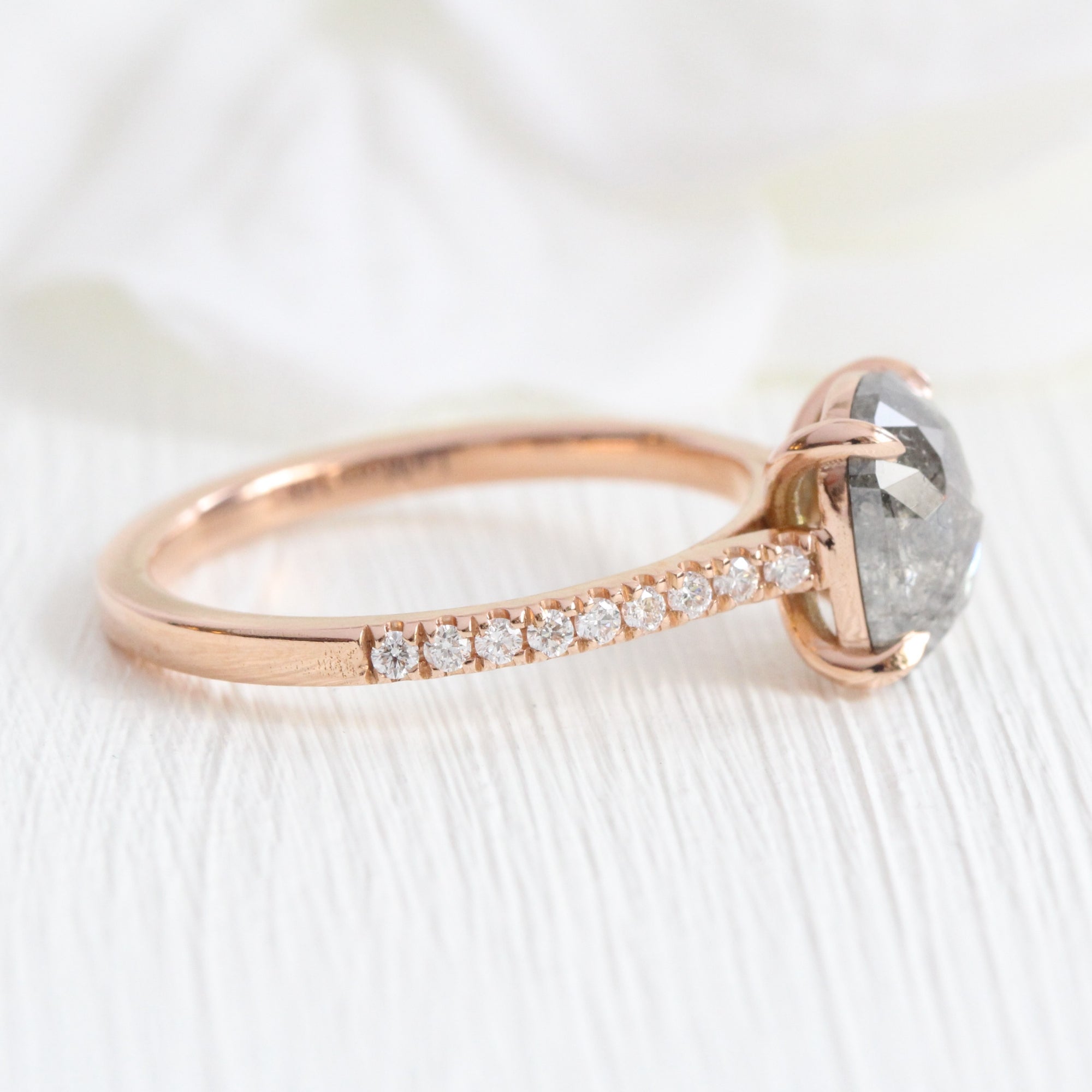 Rose cut cushion salt and pepper diamond ring rose gold solitaire grey diamond pave band la more design jewelry