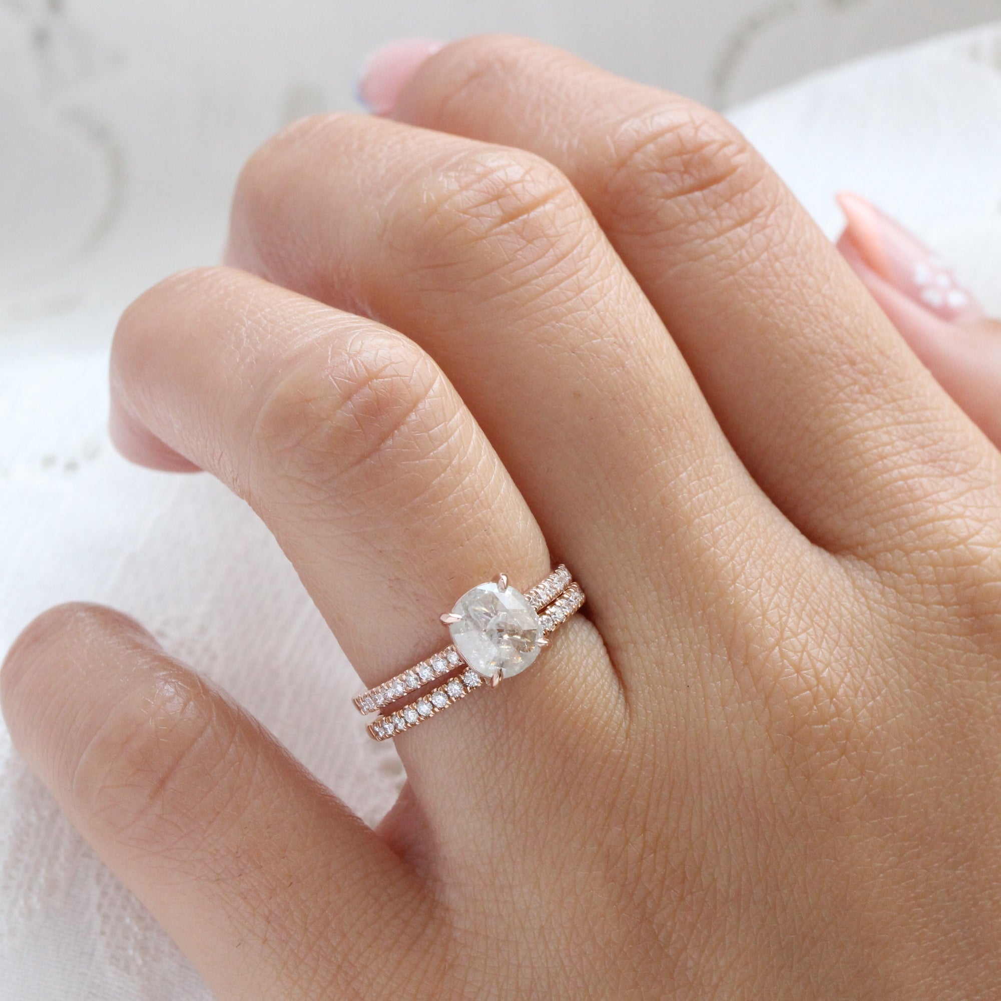 Rose cut cushion salt and pepper diamond ring rose gold solitaire grey diamond pave band la more design jewelry