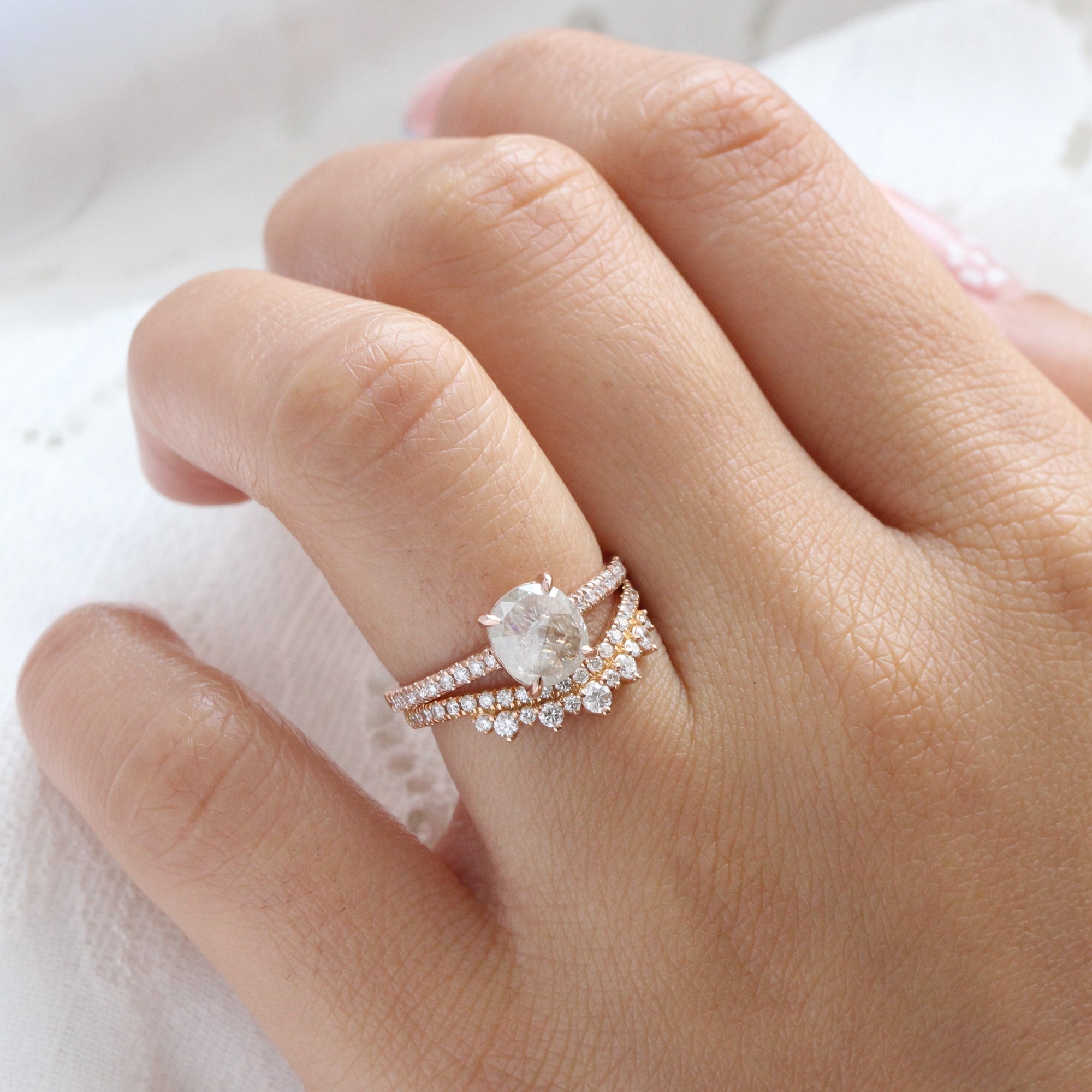 Rose cut cushion salt and pepper diamond ring rose gold solitaire grey diamond pave band la more design jewelry