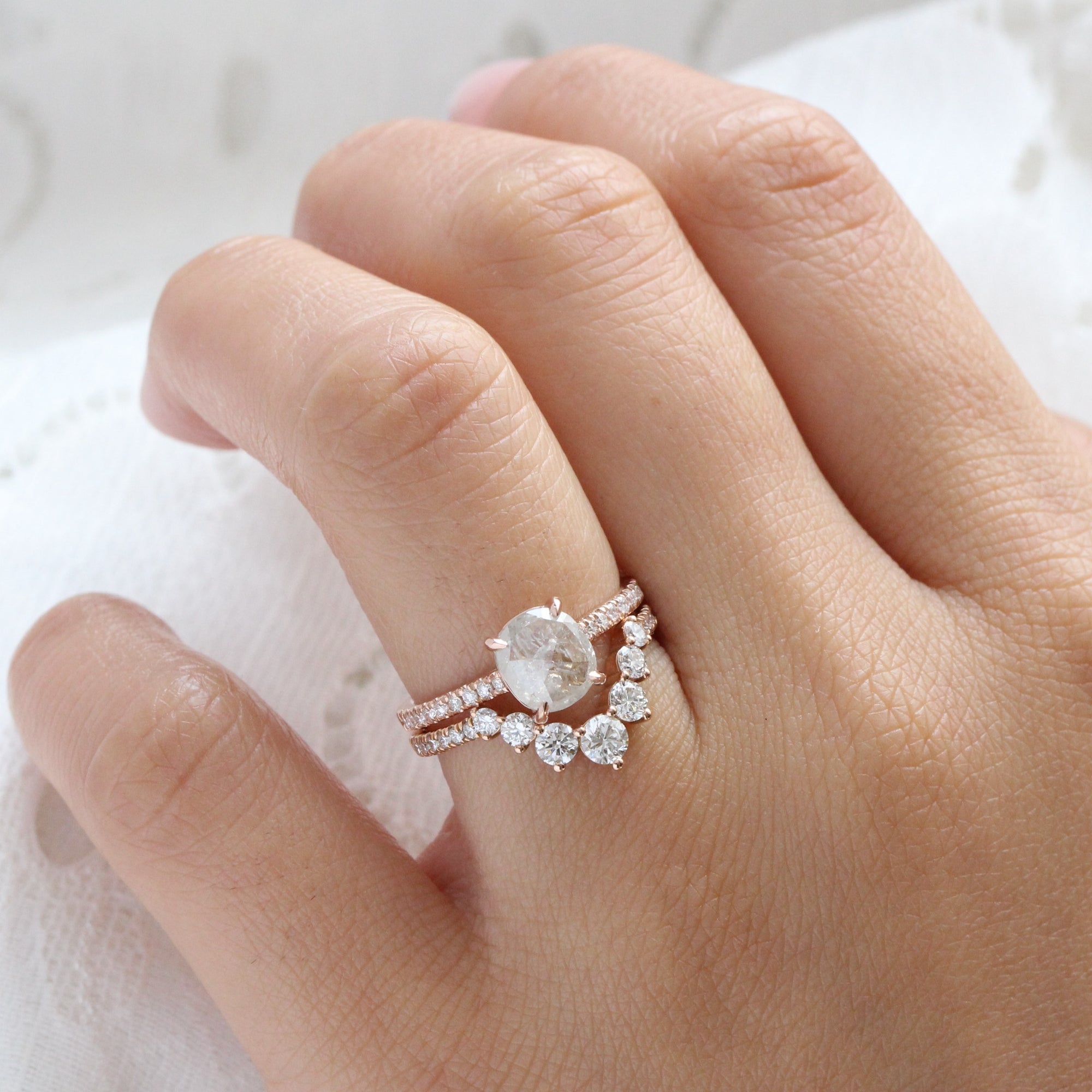 Rose cut cushion salt and pepper diamond ring rose gold solitaire grey diamond pave band la more design jewelry
