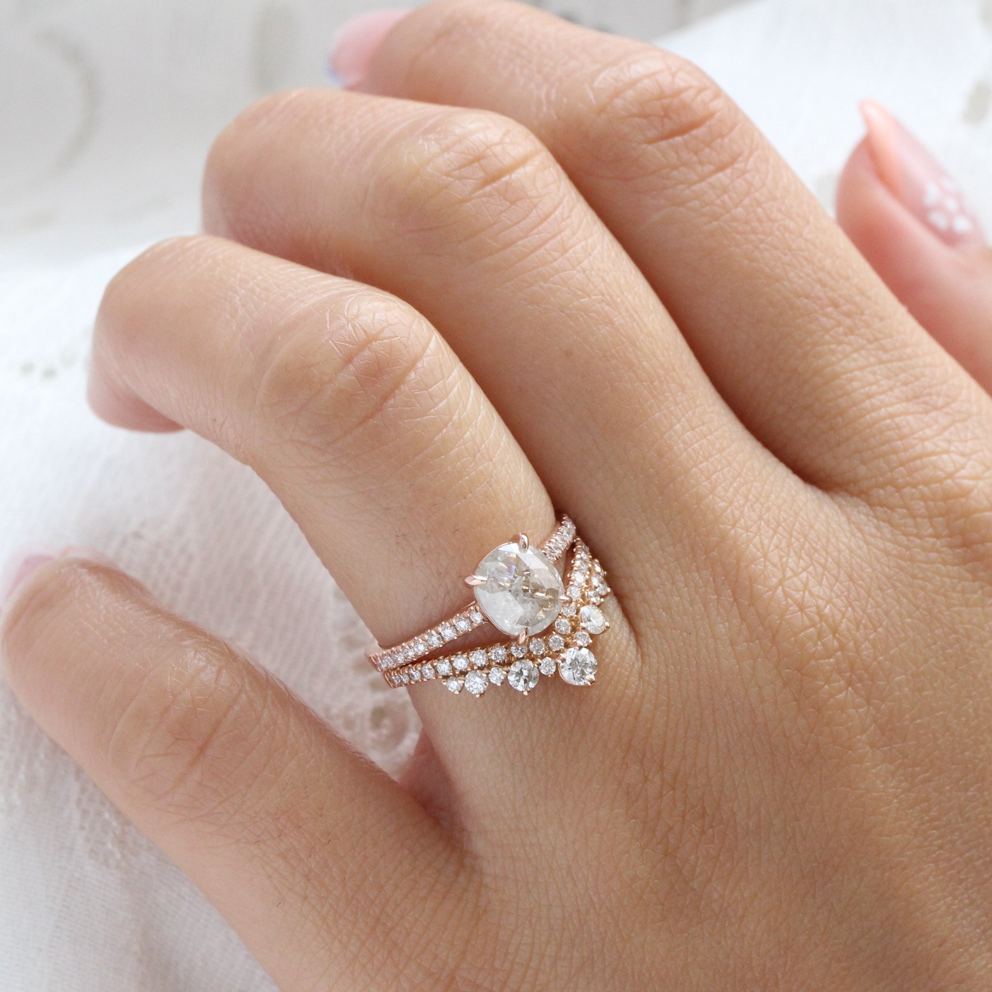 Rose cut cushion salt and pepper diamond ring rose gold solitaire grey diamond pave band la more design jewelry