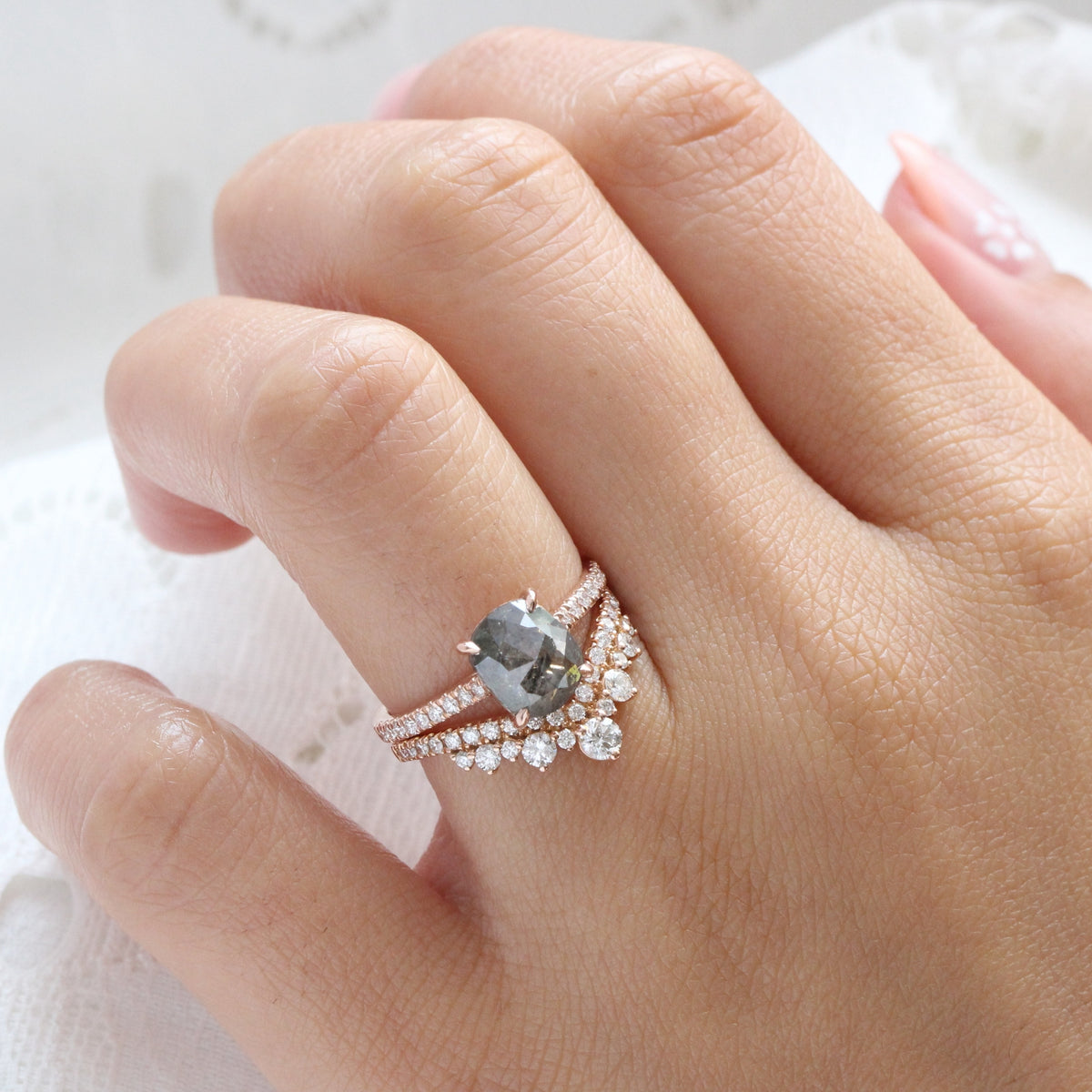 Rose cut cushion salt and pepper diamond ring rose gold solitaire grey diamond pave band la more design jewelry