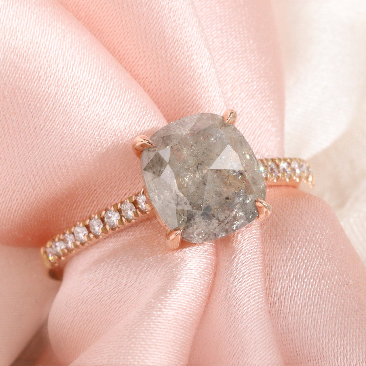 Rose cut cushion salt and pepper diamond ring rose gold solitaire grey diamond pave band la more design jewelry