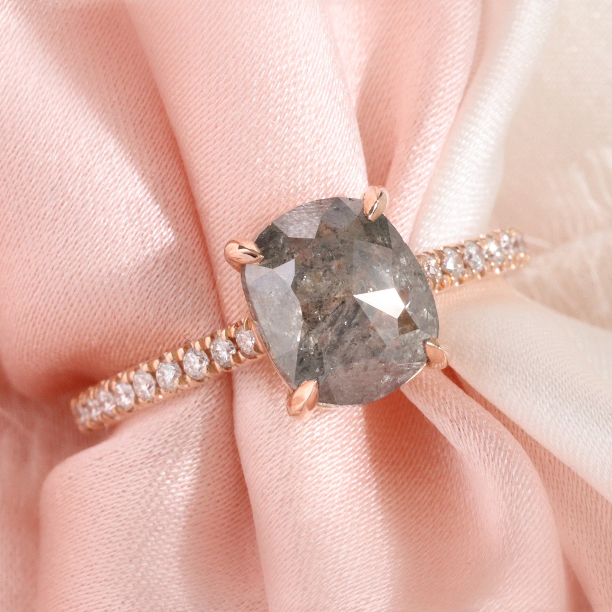 Rose cut cushion salt and pepper diamond ring rose gold solitaire grey diamond pave band la more design jewelry