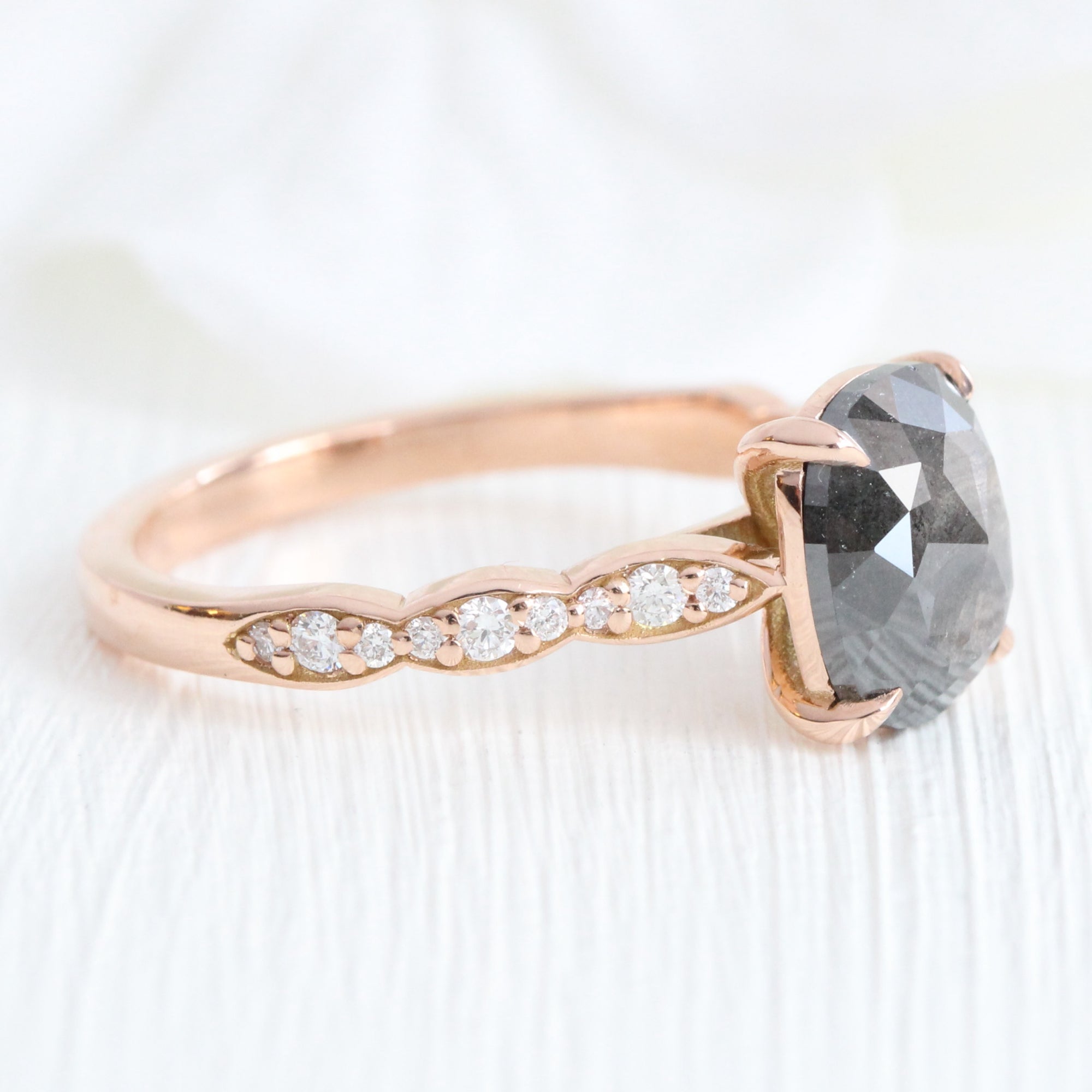 Rose cut cushion salt and pepper diamond ring rose gold solitaire grey diamond scalloped band la more design jewelry