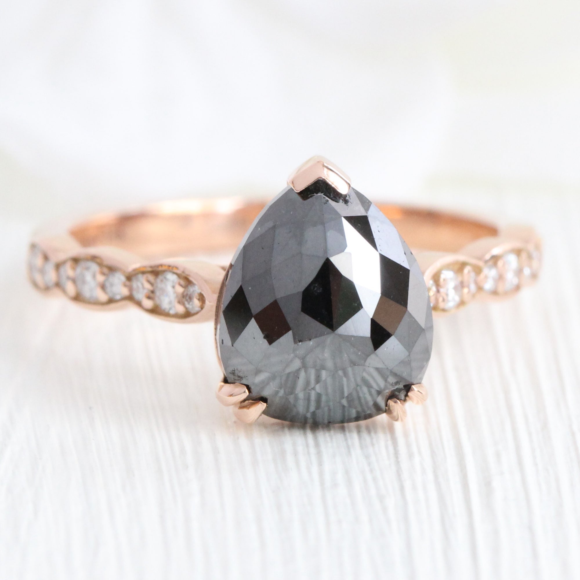 Rose cut pear black diamond ring rose gold solitaire grey diamond scalloped band la more design jewelry