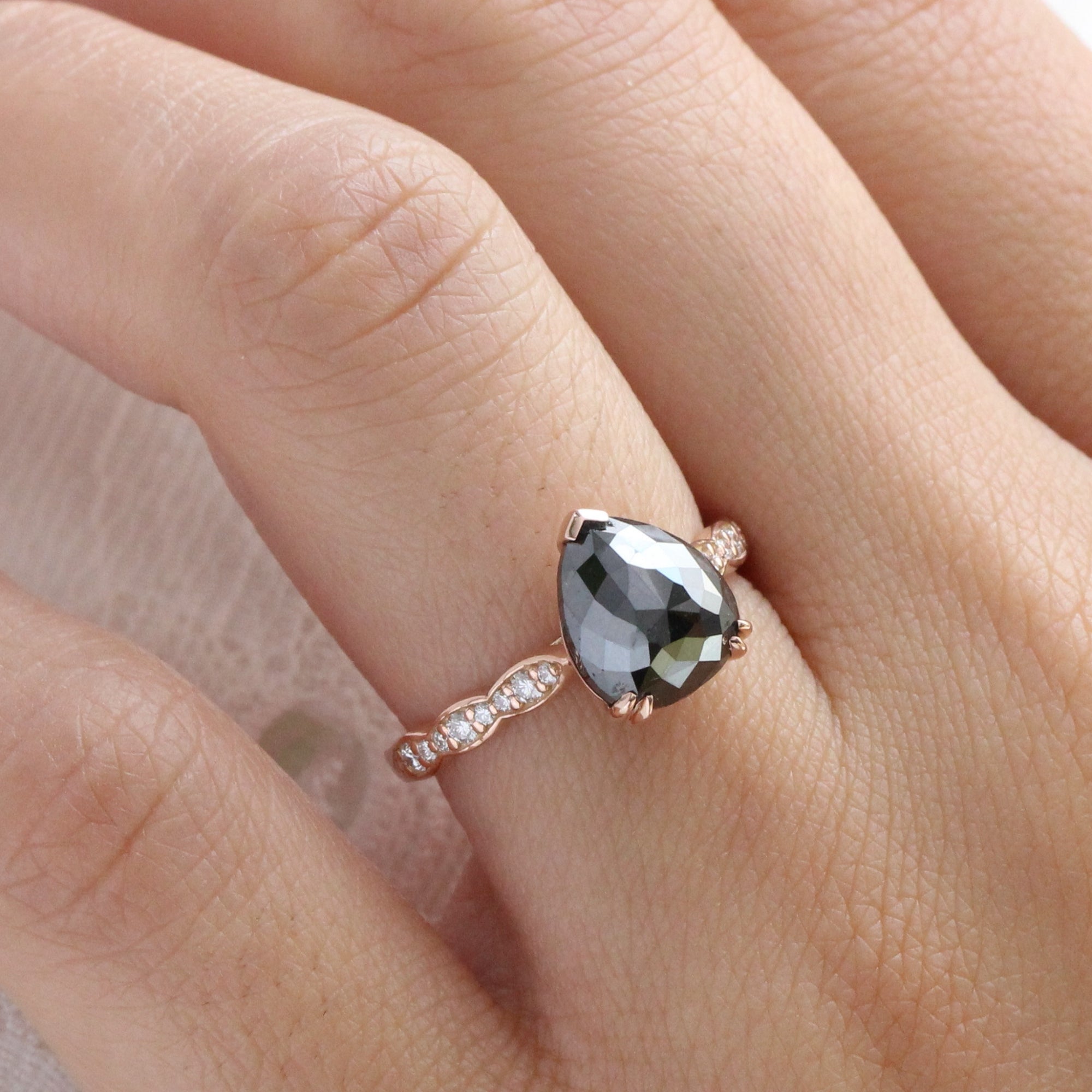 Rose cut pear black diamond ring rose gold solitaire grey diamond scalloped band la more design jewelry