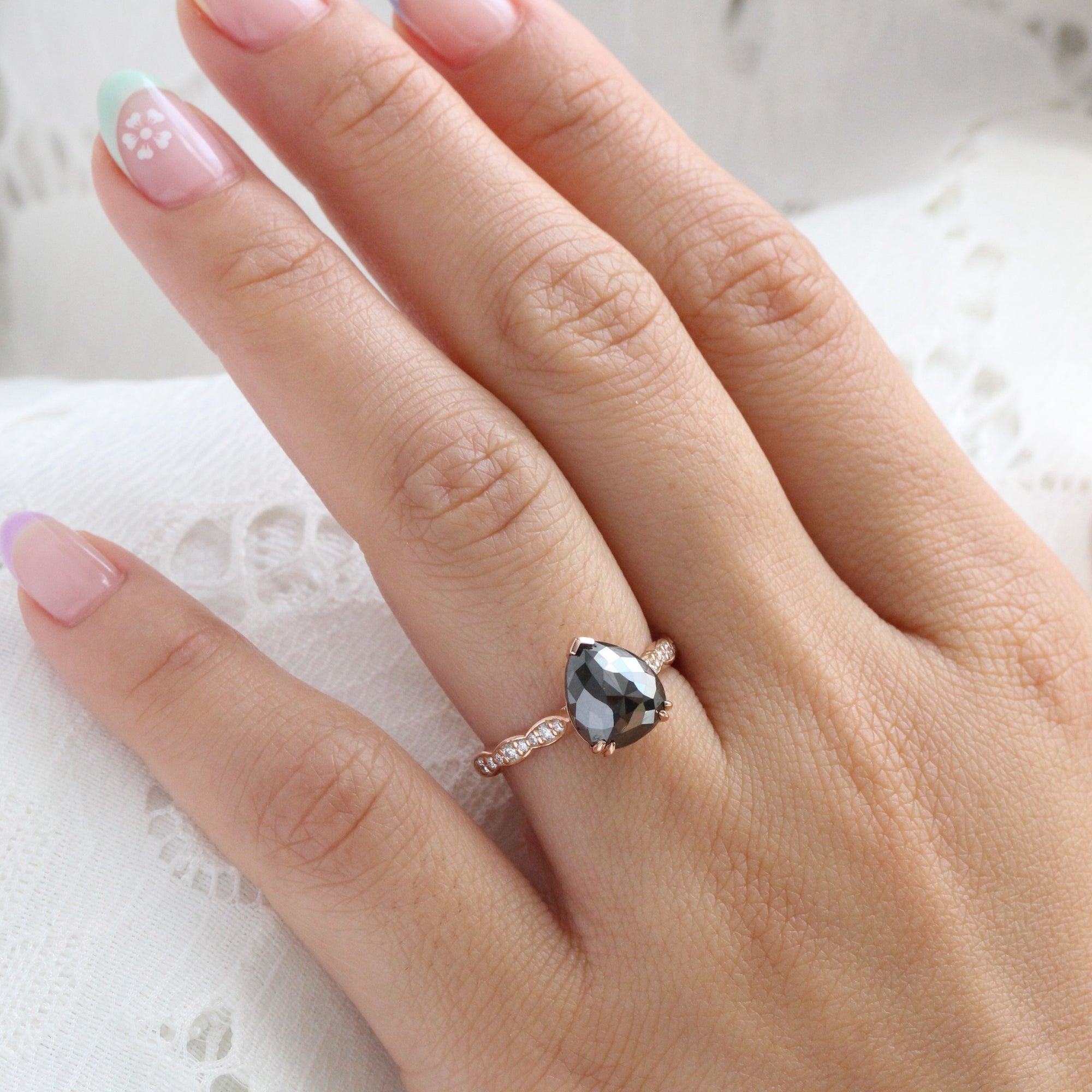 Rose cut pear black diamond ring rose gold solitaire grey diamond scalloped band la more design jewelry