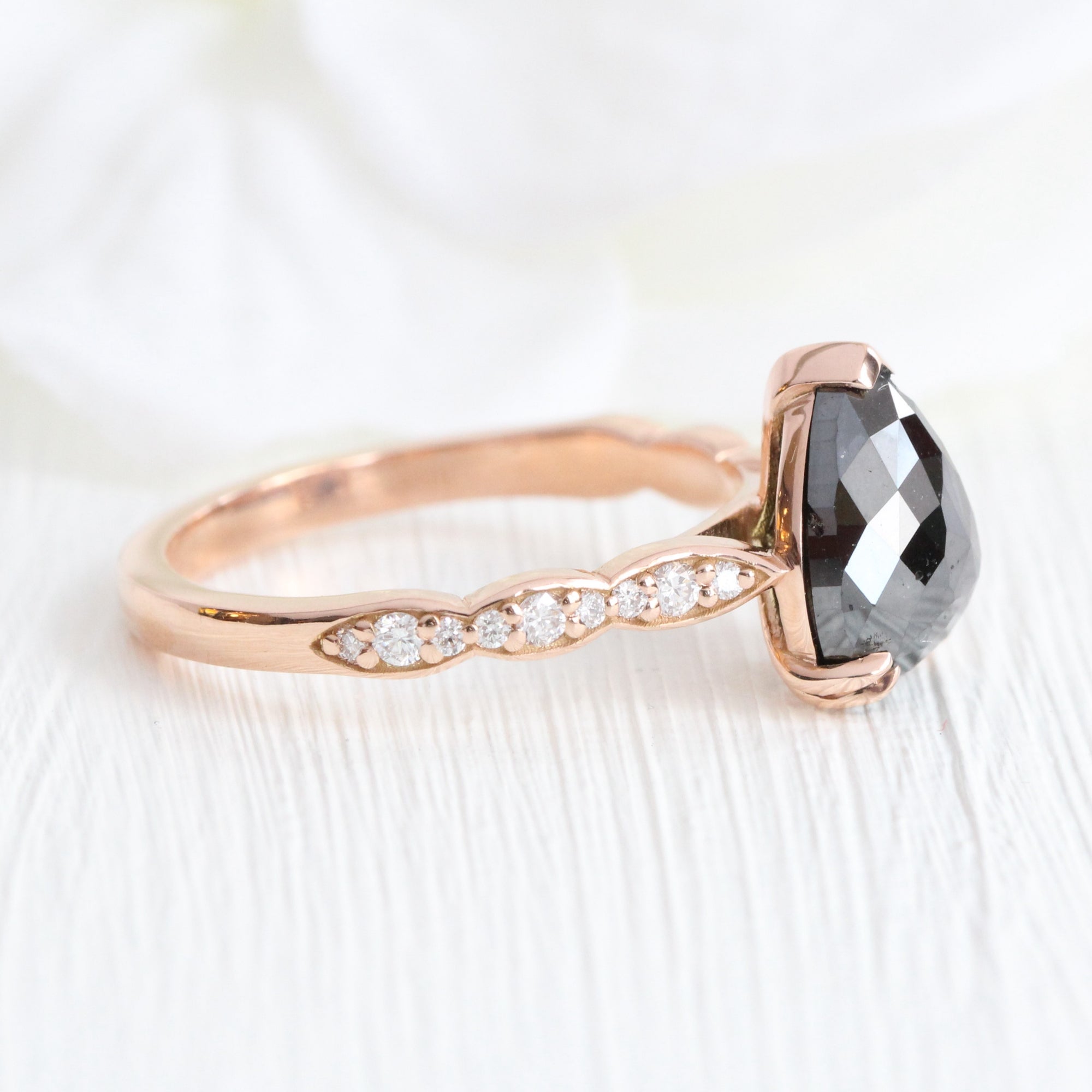 Rose cut pear black diamond ring rose gold solitaire grey diamond scalloped band la more design jewelry