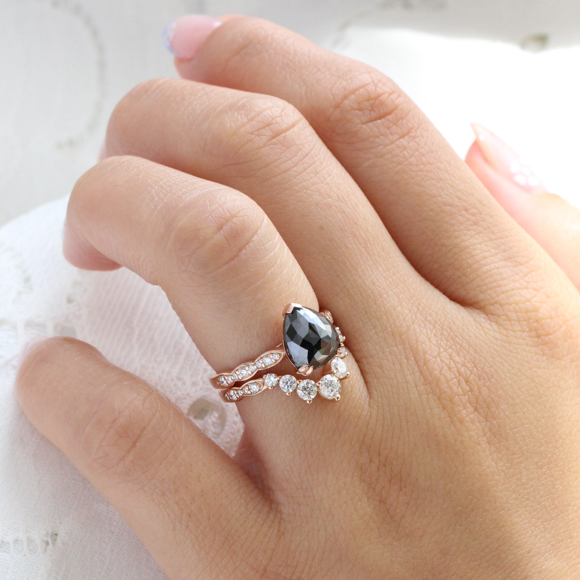 Rose cut pear black diamond ring rose gold solitaire grey diamond scalloped band la more design jewelry
