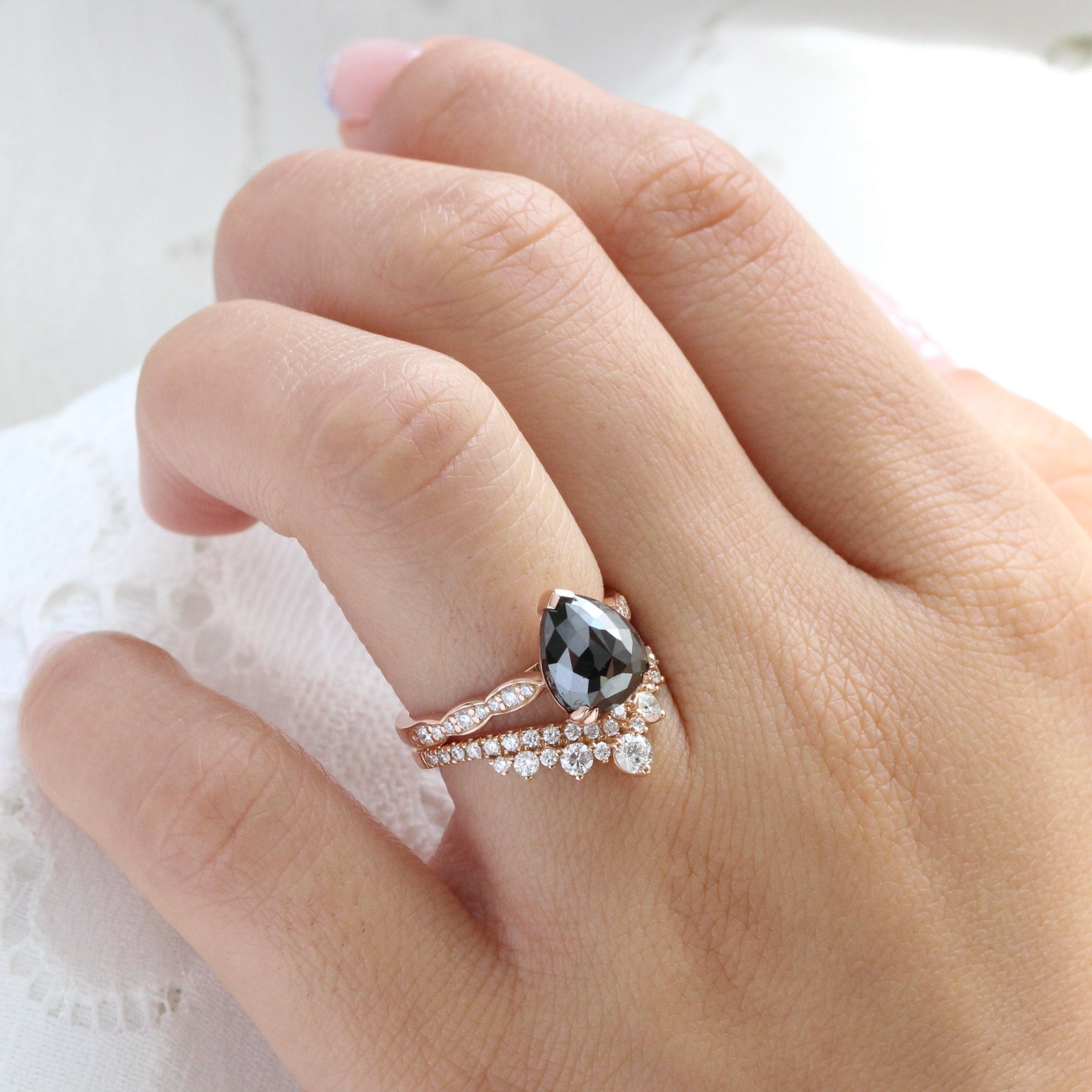 Rose cut pear black diamond ring rose gold solitaire grey diamond scalloped band la more design jewelry