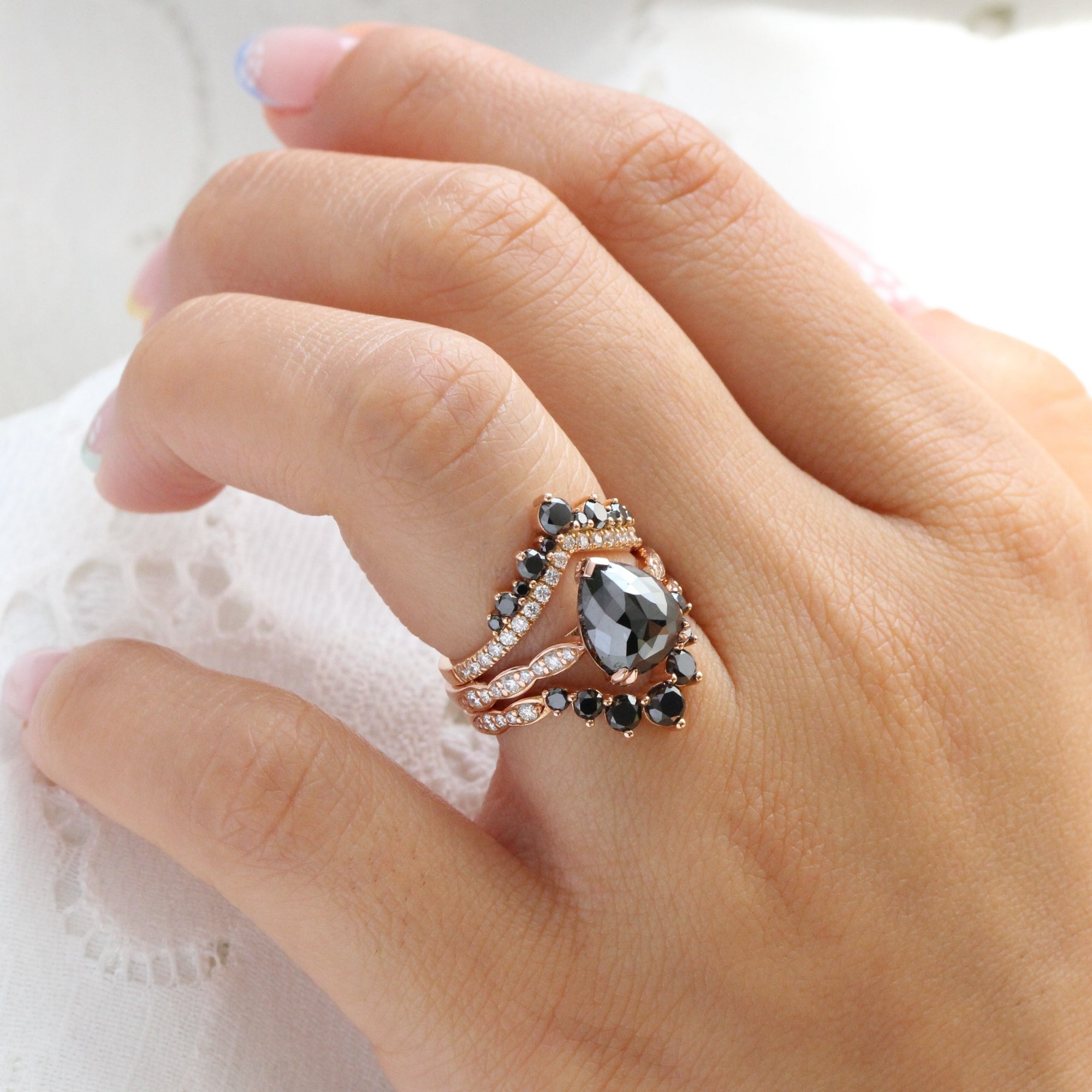 Rose cut pear black diamond ring rose gold solitaire grey diamond scalloped band la more design jewelry