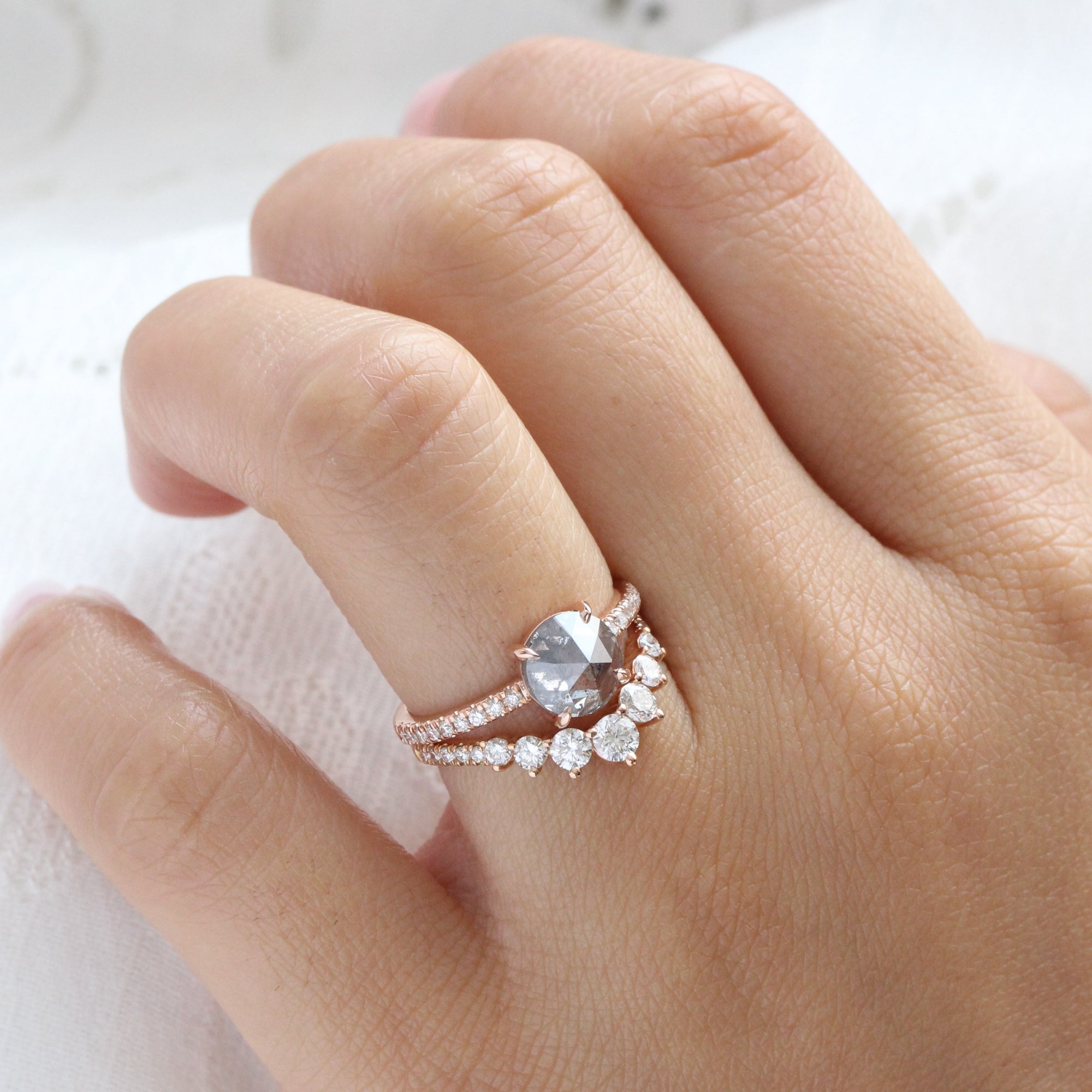 Rose cut salt and pepper diamond ring rose gold solitaire grey diamond pave ring la more design jewelry
