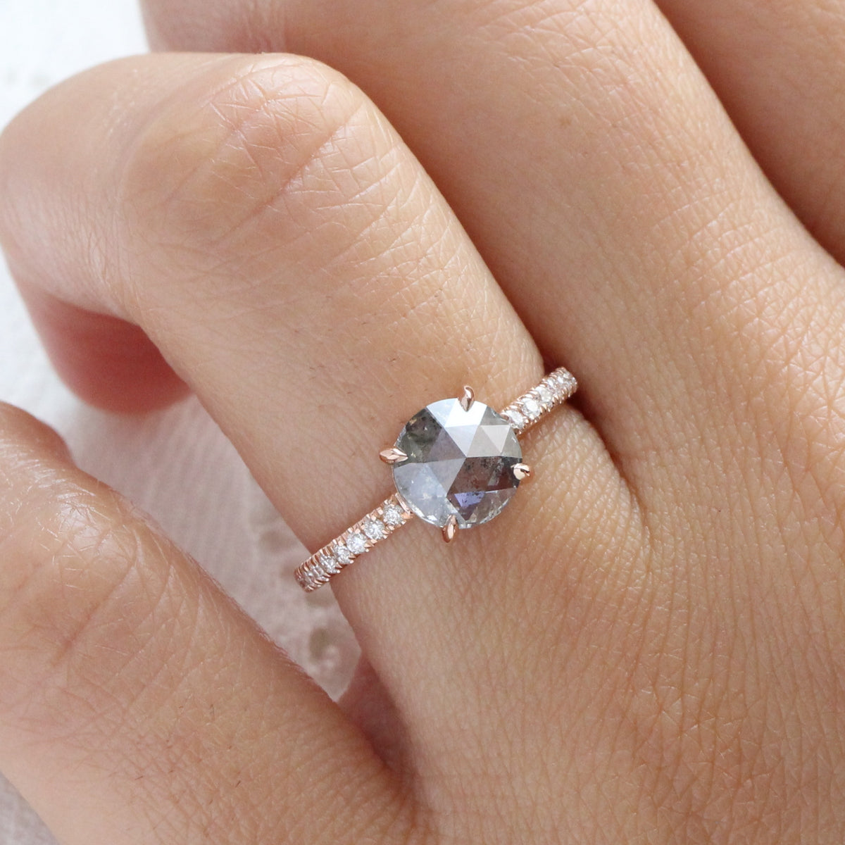 Rose cut salt and pepper diamond ring rose gold solitaire grey diamond pave ring la more design jewelry