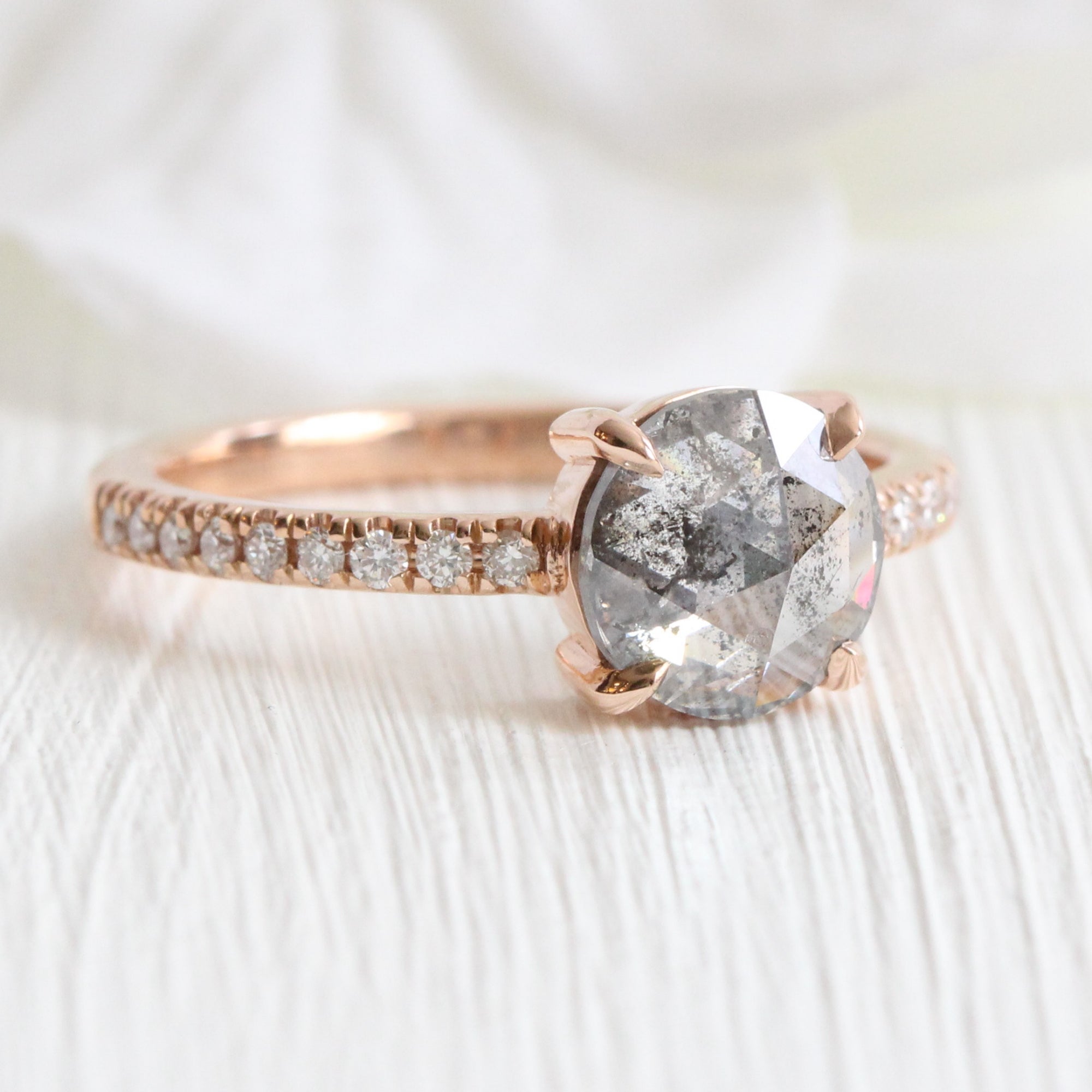 Rose cut salt and pepper diamond ring rose gold solitaire grey diamond pave ring la more design jewelry