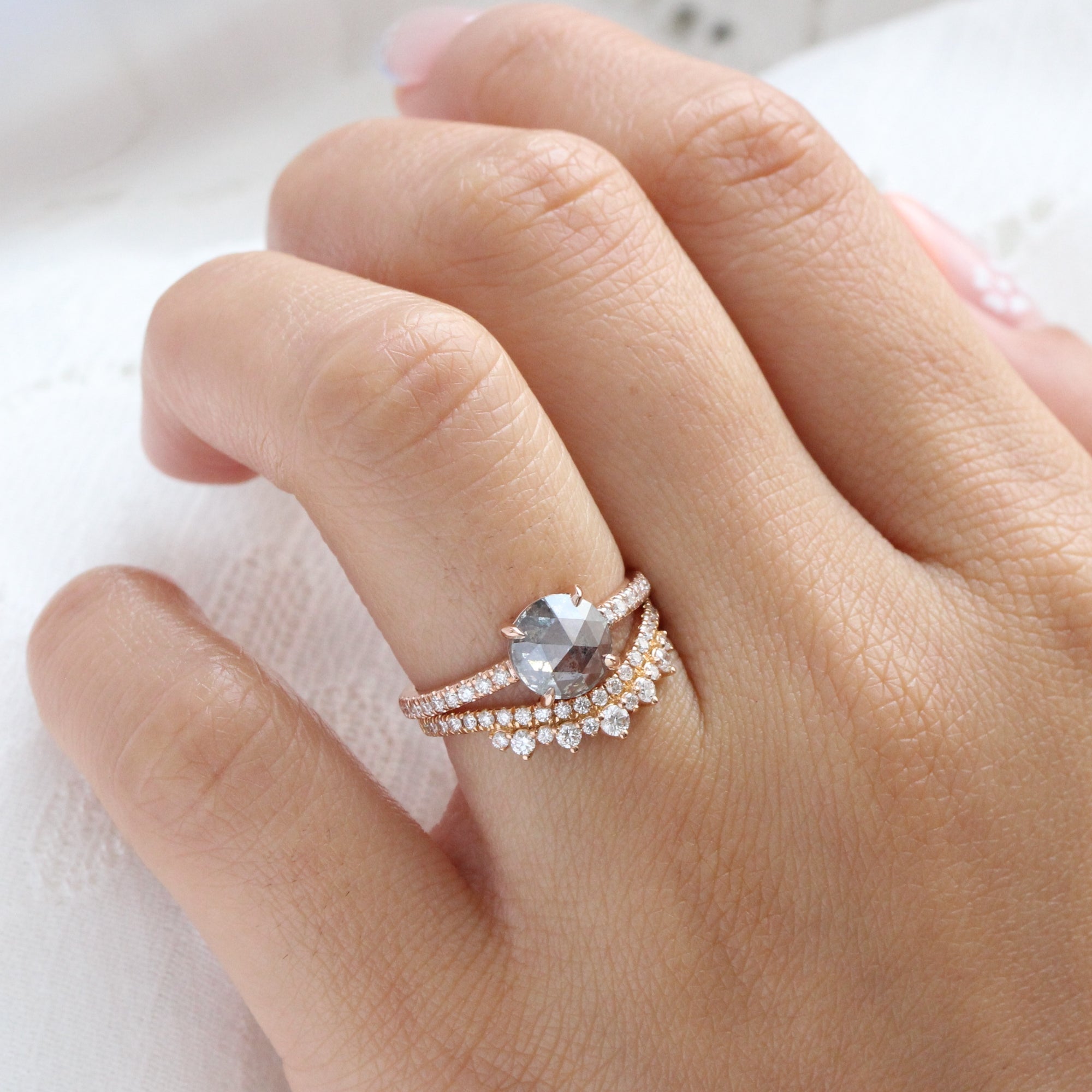 Rose cut salt and pepper diamond ring rose gold solitaire grey diamond pave ring la more design jewelry