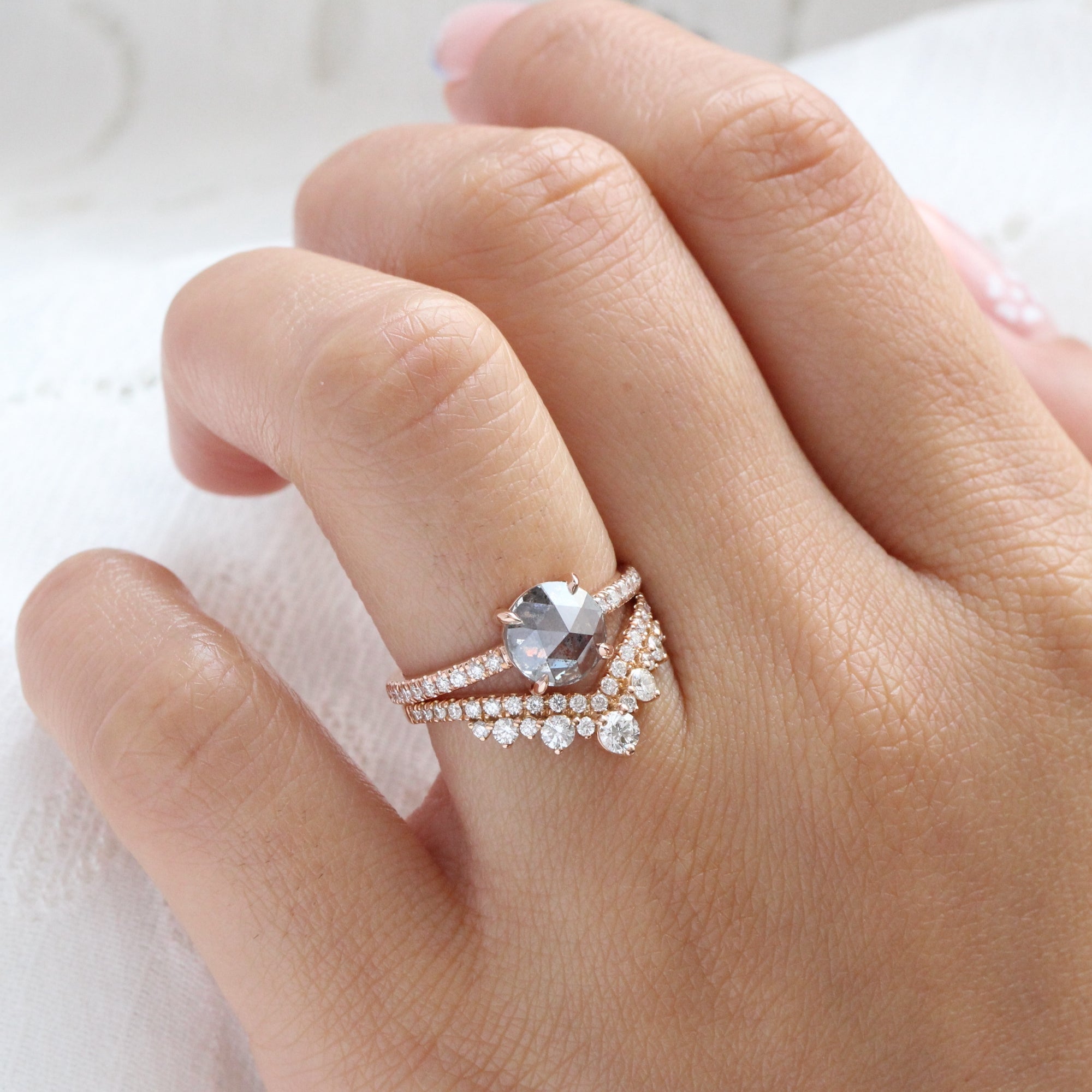 Rose cut salt and pepper diamond ring rose gold solitaire grey diamond pave ring la more design jewelry