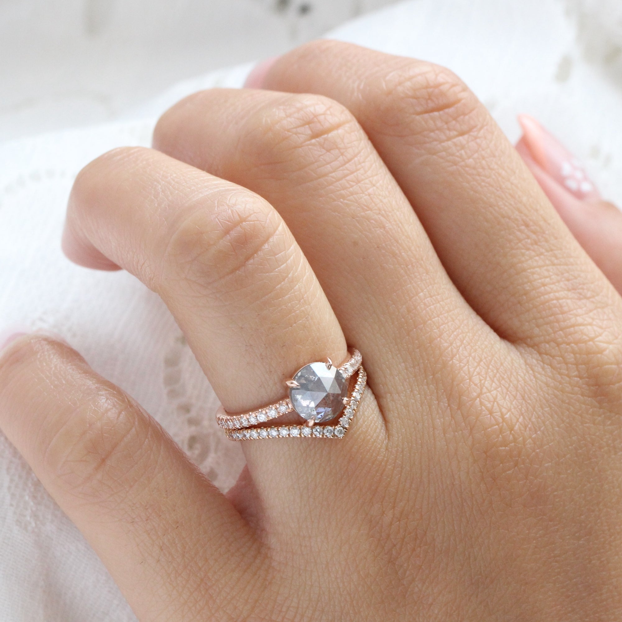 Rose cut salt and pepper diamond ring rose gold solitaire grey diamond pave ring la more design jewelry