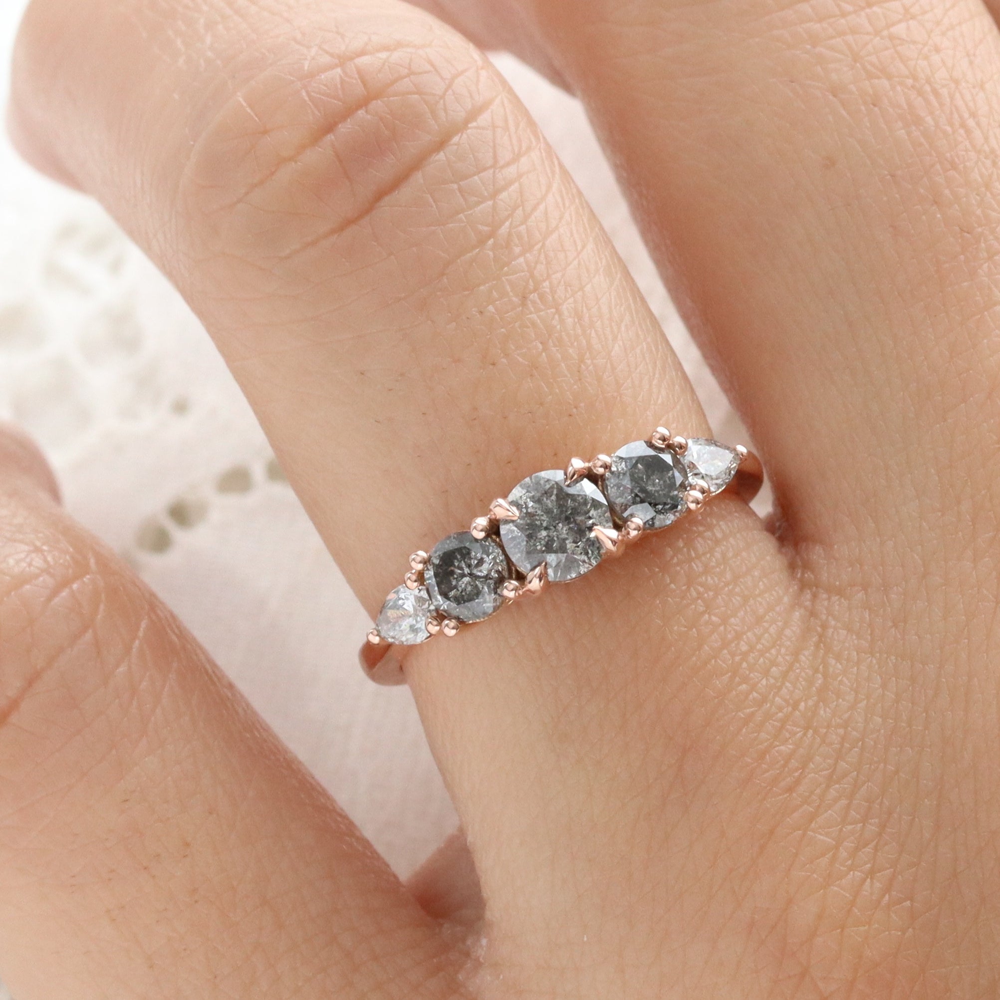Round and Pear Salt and Pepper Diamond Ring Rose Gold Grey Diamond Cluster Ring la more design jewelry
