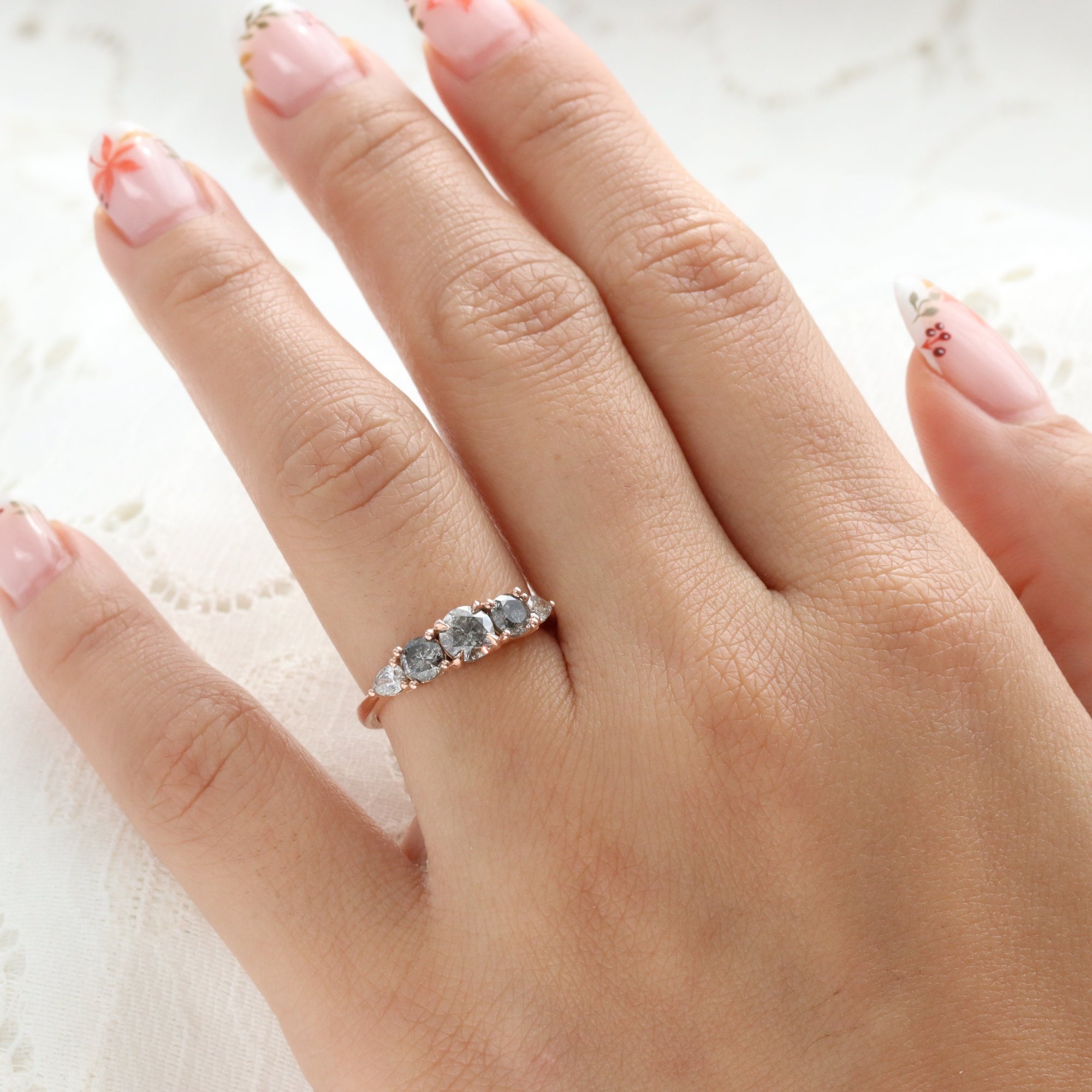 Round and Pear Salt and Pepper Diamond Ring Rose Gold Grey Diamond Cluster Ring la more design jewelry