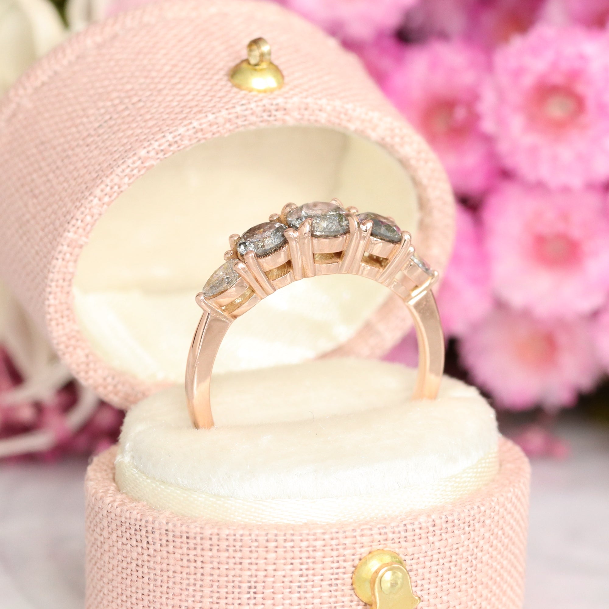 Round and Pear Salt and Pepper Diamond Ring Rose Gold Grey Diamond Cluster Ring la more design jewelry