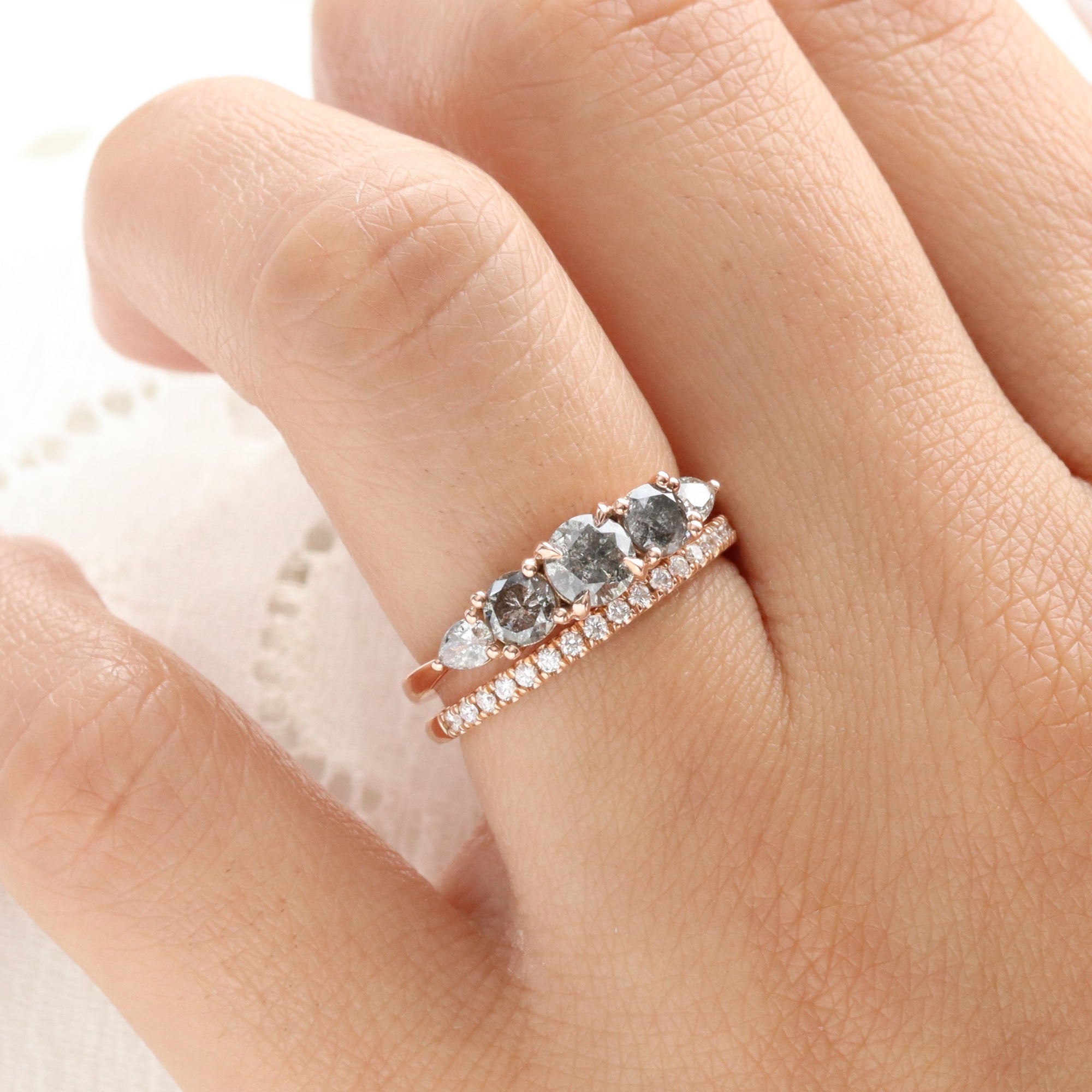 Round and Pear Salt and Pepper Diamond Ring Rose Gold Grey Diamond Cluster Ring la more design jewelry