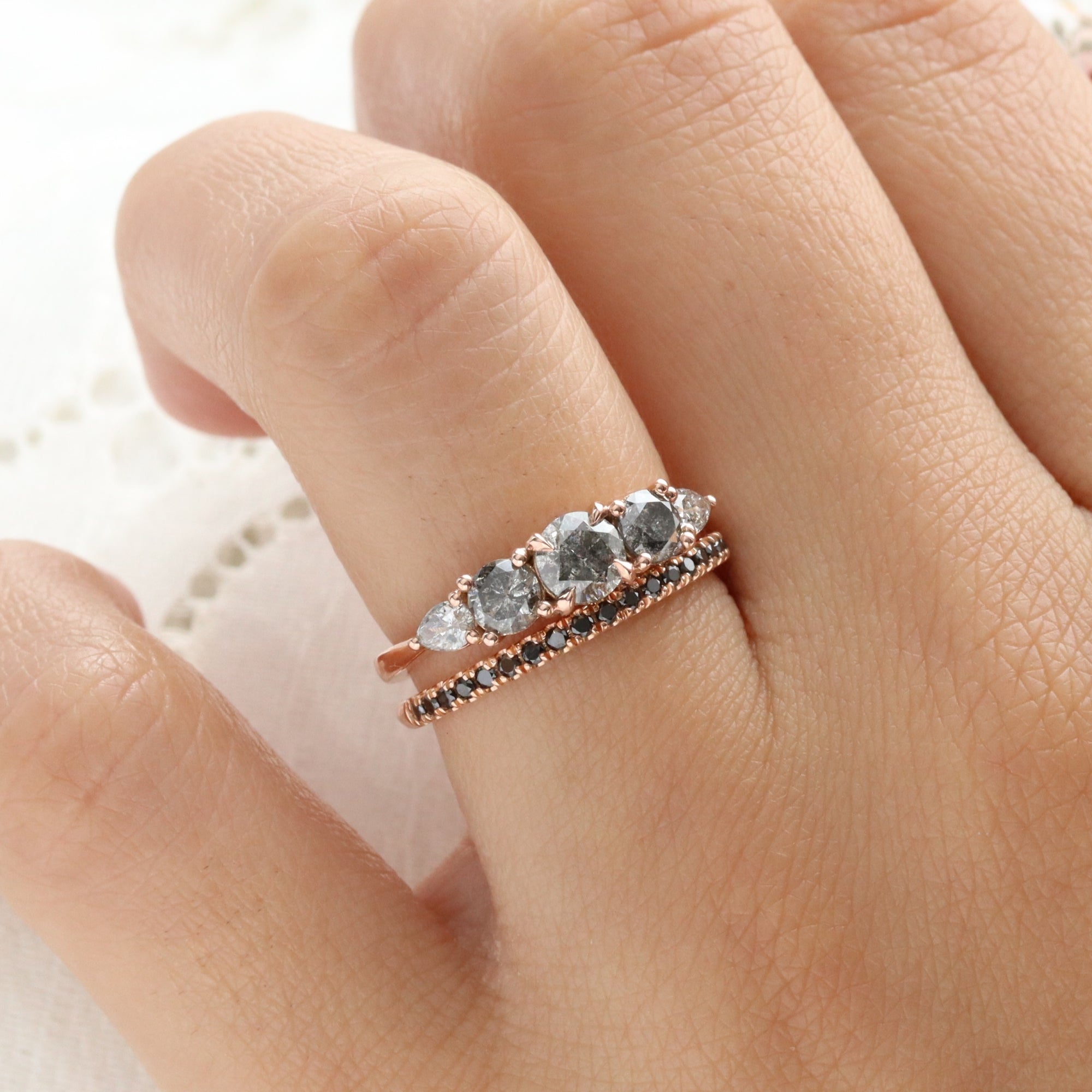 Round and Pear Salt and Pepper Diamond Ring Rose Gold Grey Diamond Cluster Ring la more design jewelry