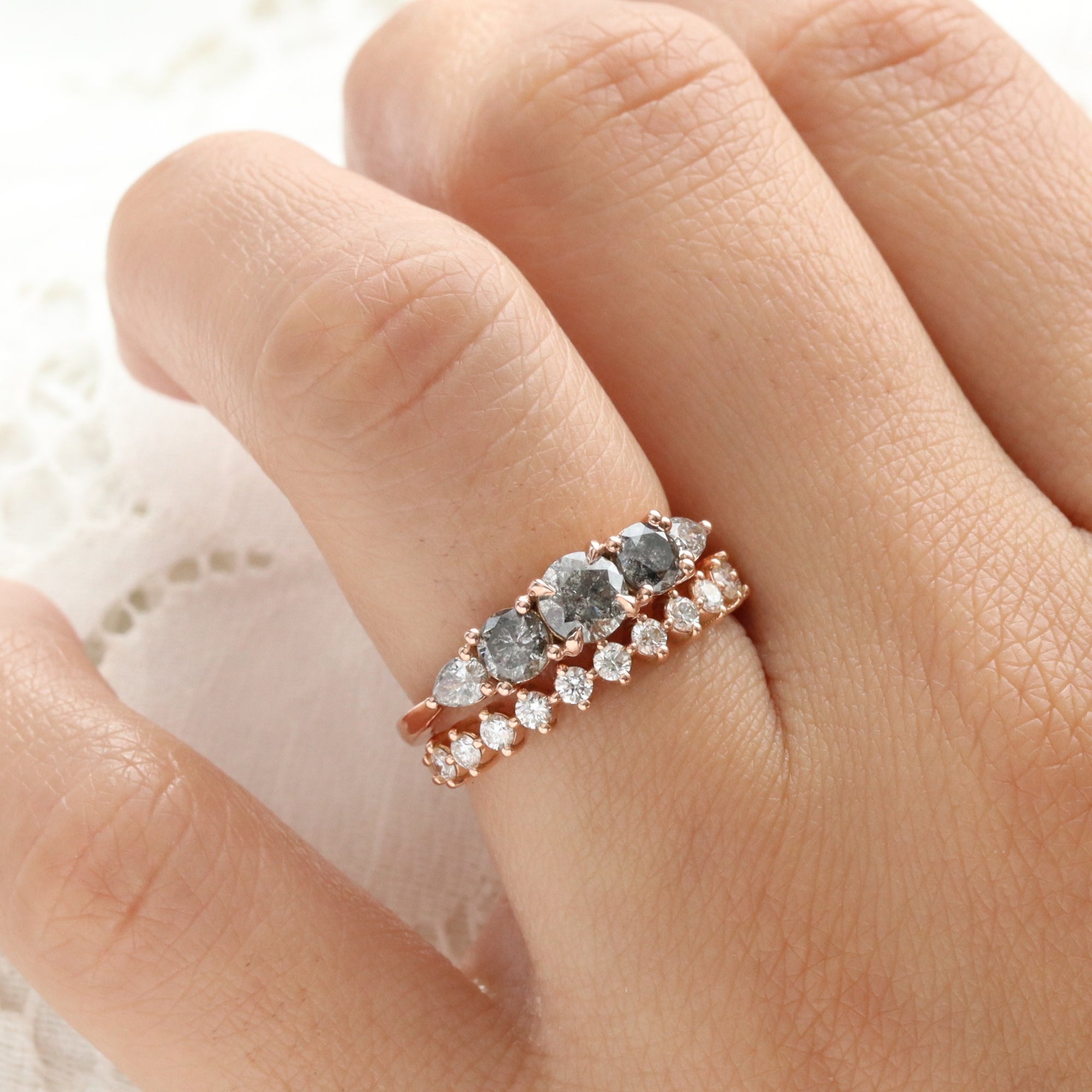 Round and Pear Salt and Pepper Diamond Ring Rose Gold Grey Diamond Cluster Ring la more design jewelry