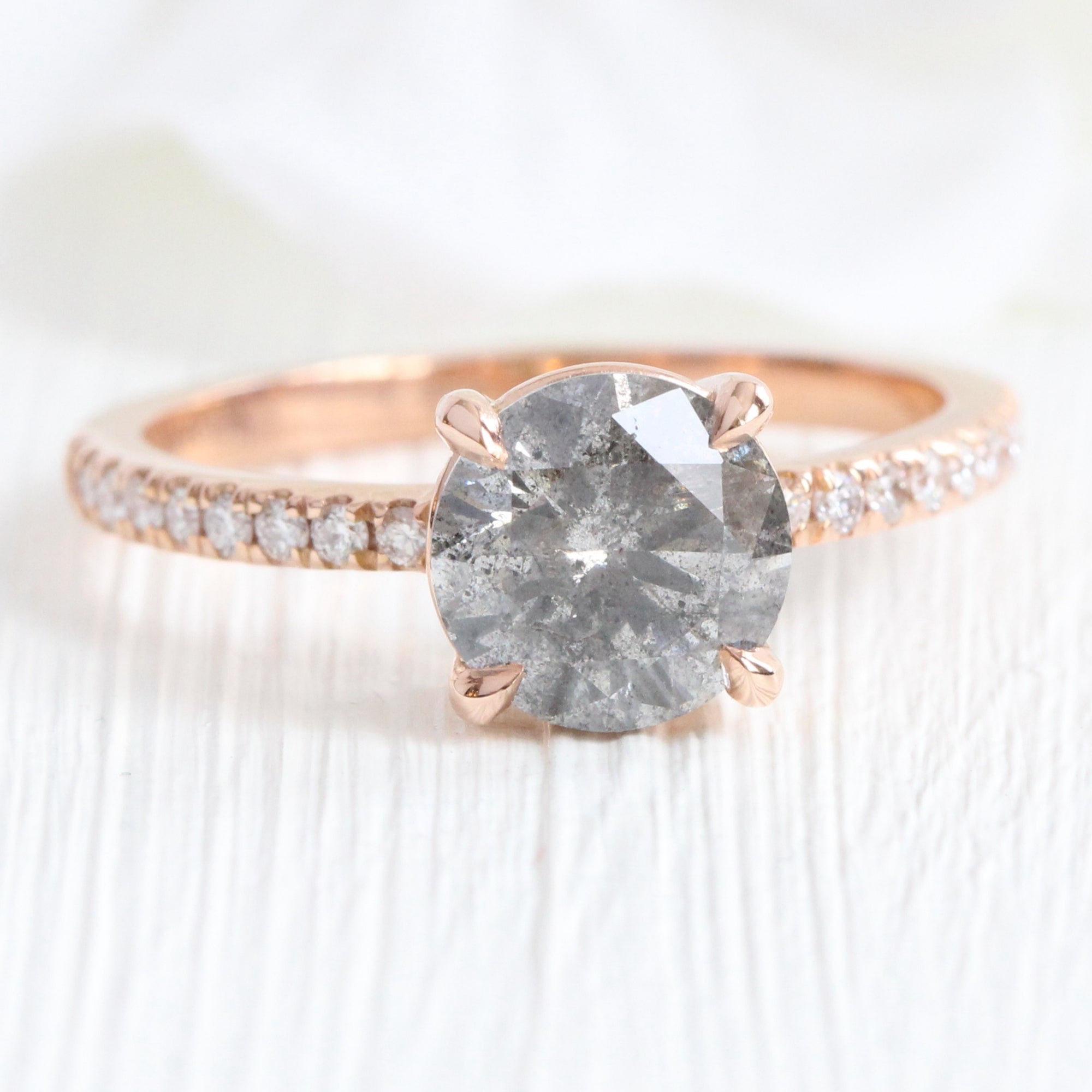 Round salt and pepper diamond ring rose gold solitaire grey diamond ring la more design jewelry