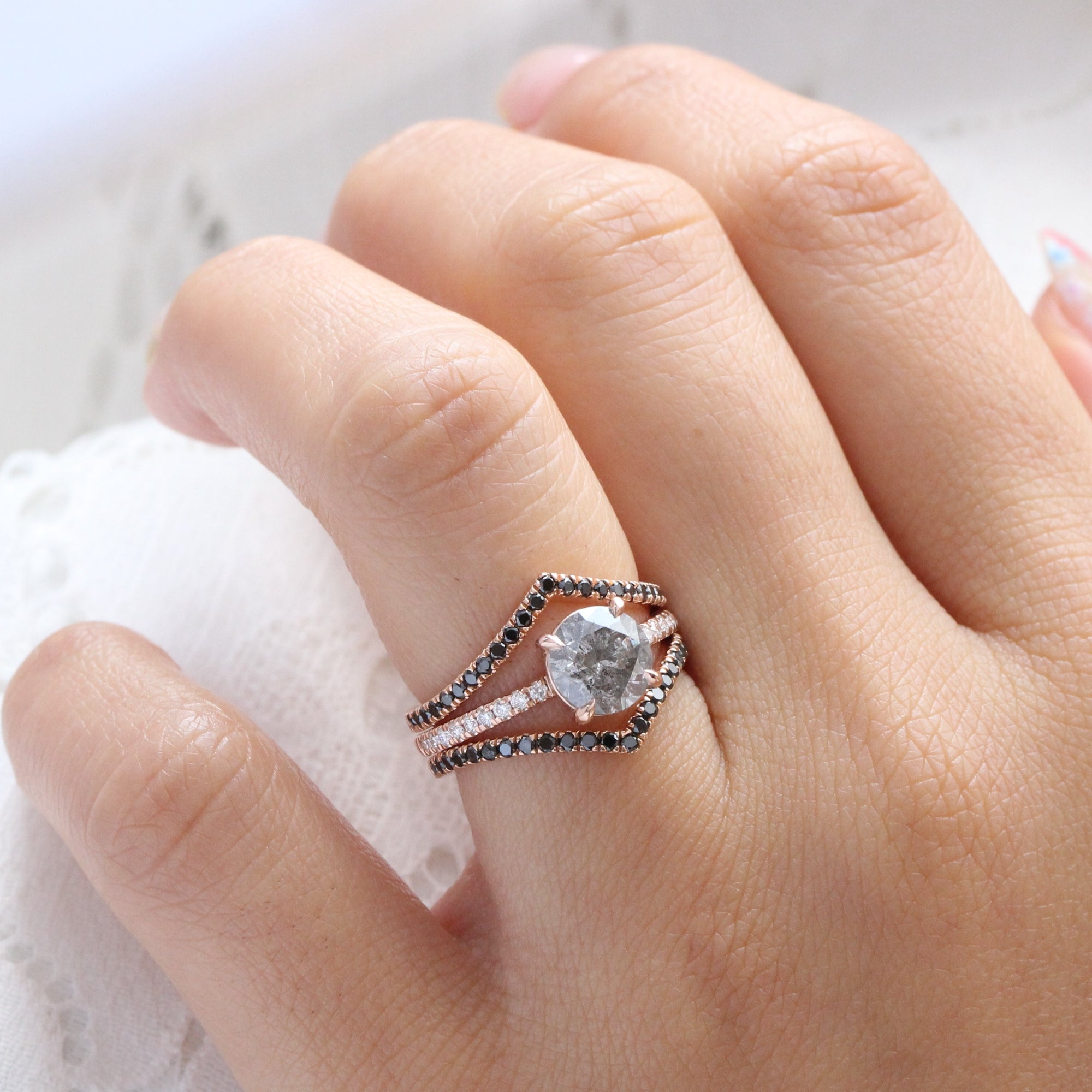 Round salt and pepper diamond ring rose gold solitaire grey diamond ring la more design jewelry