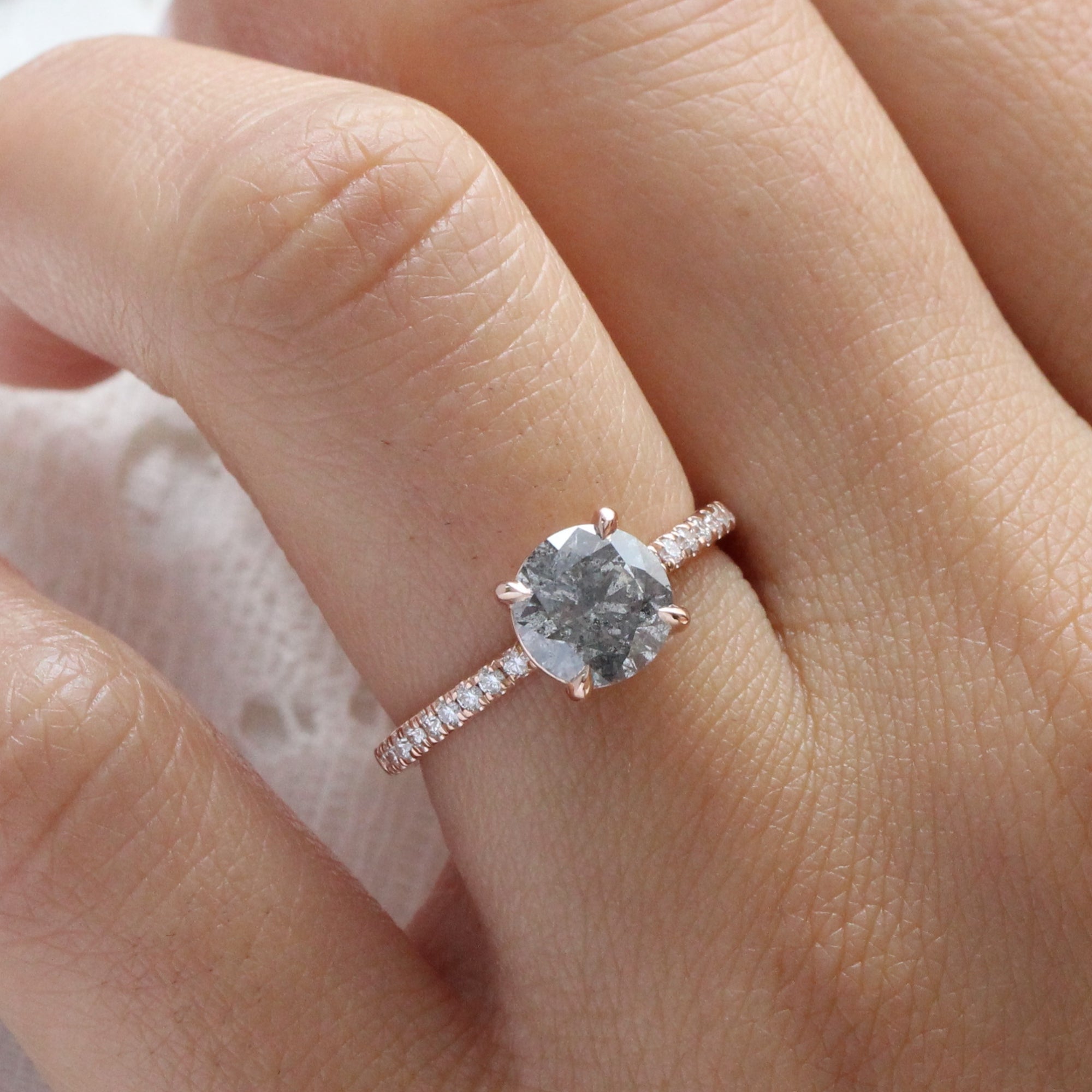 Round salt and pepper diamond ring rose gold solitaire grey diamond ring la more design jewelry