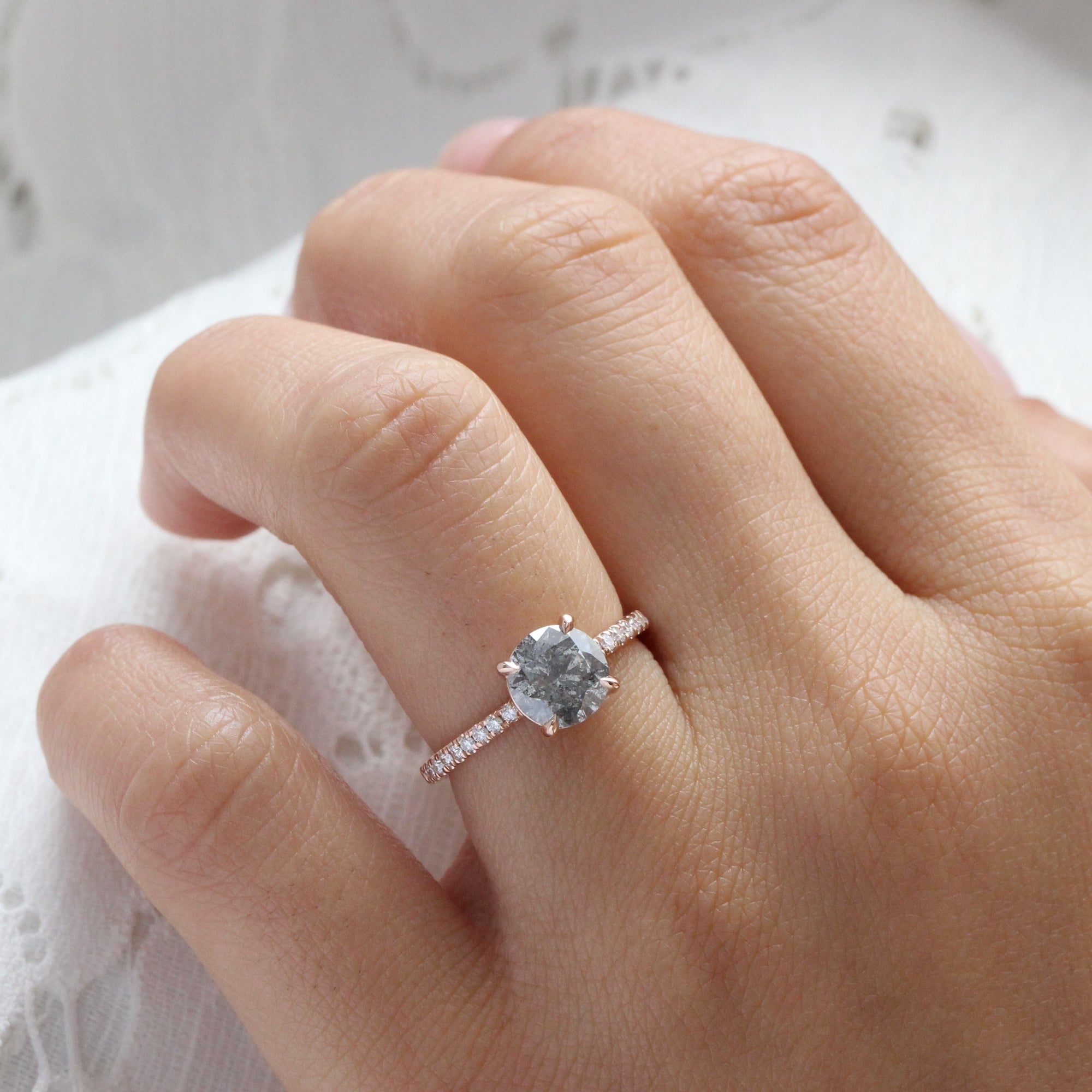 Round salt and pepper diamond ring rose gold solitaire grey diamond ring la more design jewelry