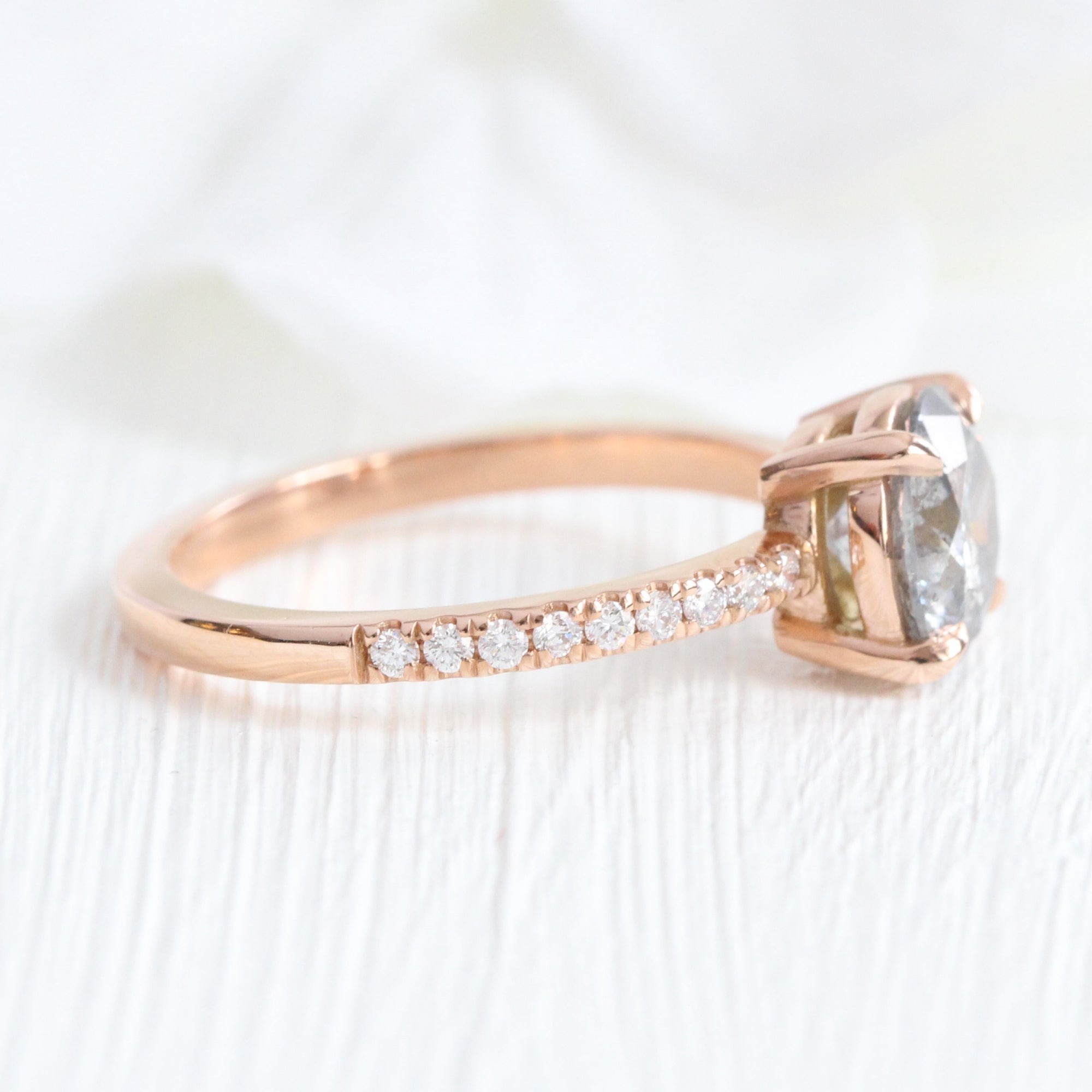 Round salt and pepper diamond ring rose gold solitaire grey diamond ring la more design jewelry