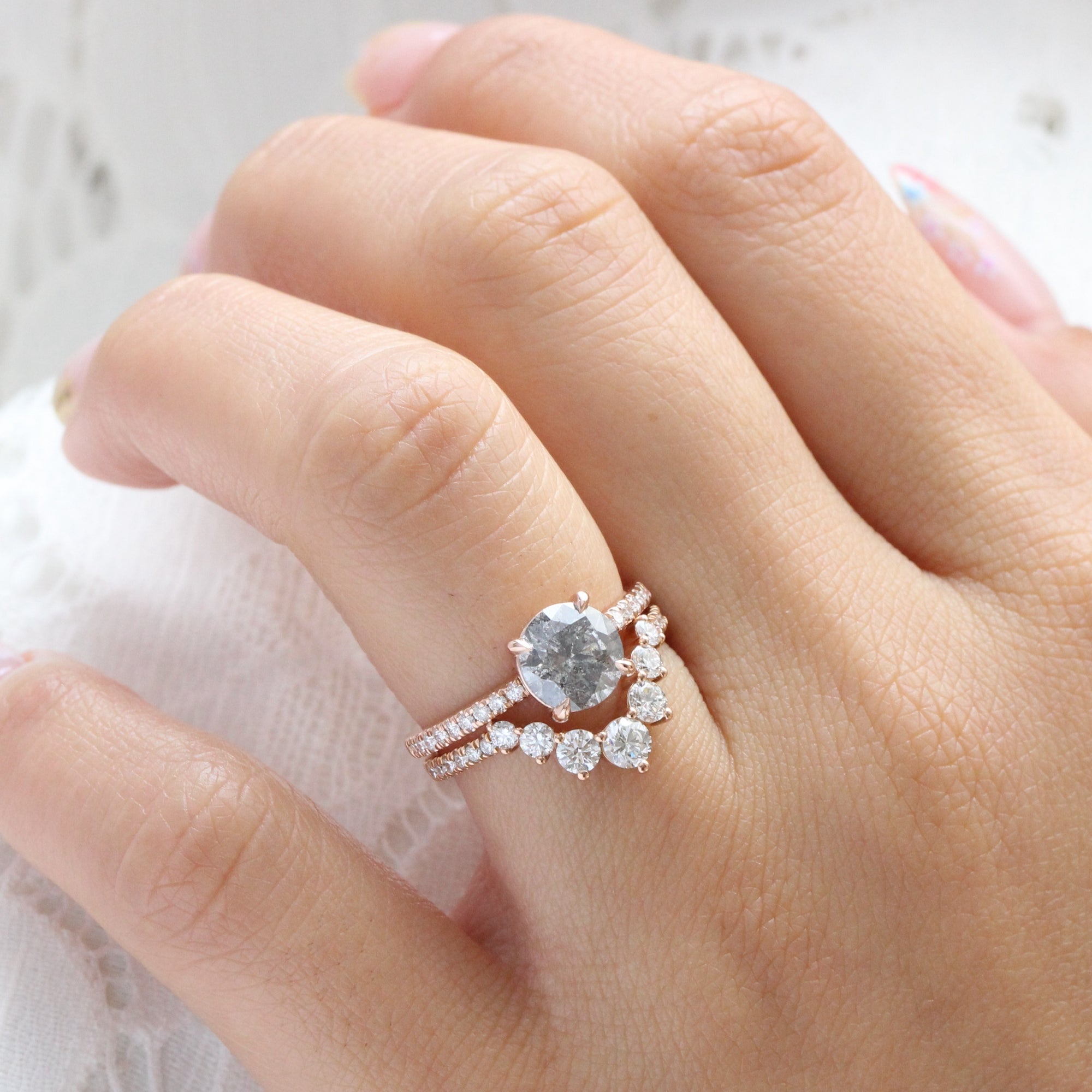 Round salt and pepper diamond ring rose gold solitaire grey diamond ring la more design jewelry