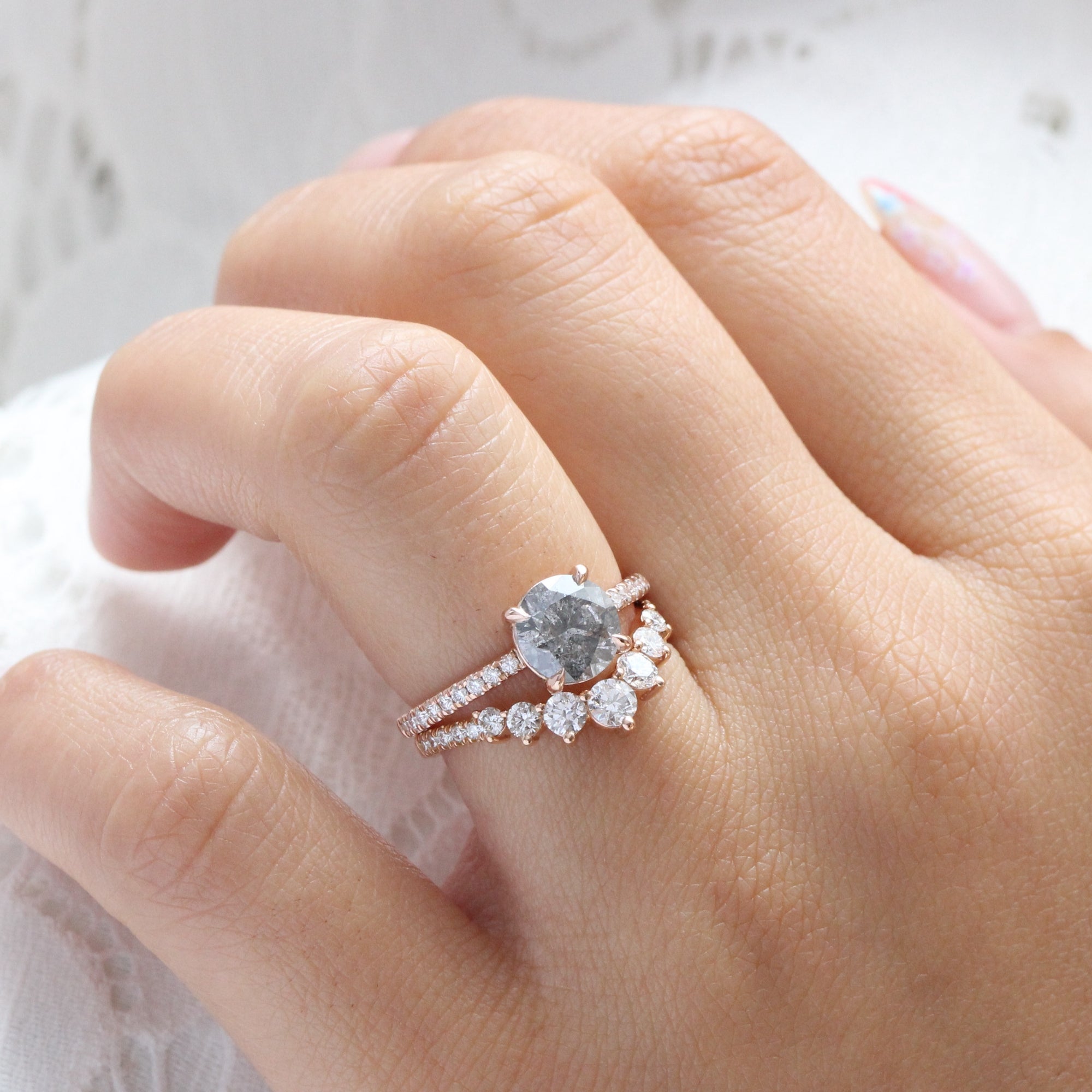 Round salt and pepper diamond ring rose gold solitaire grey diamond ring la more design jewelry