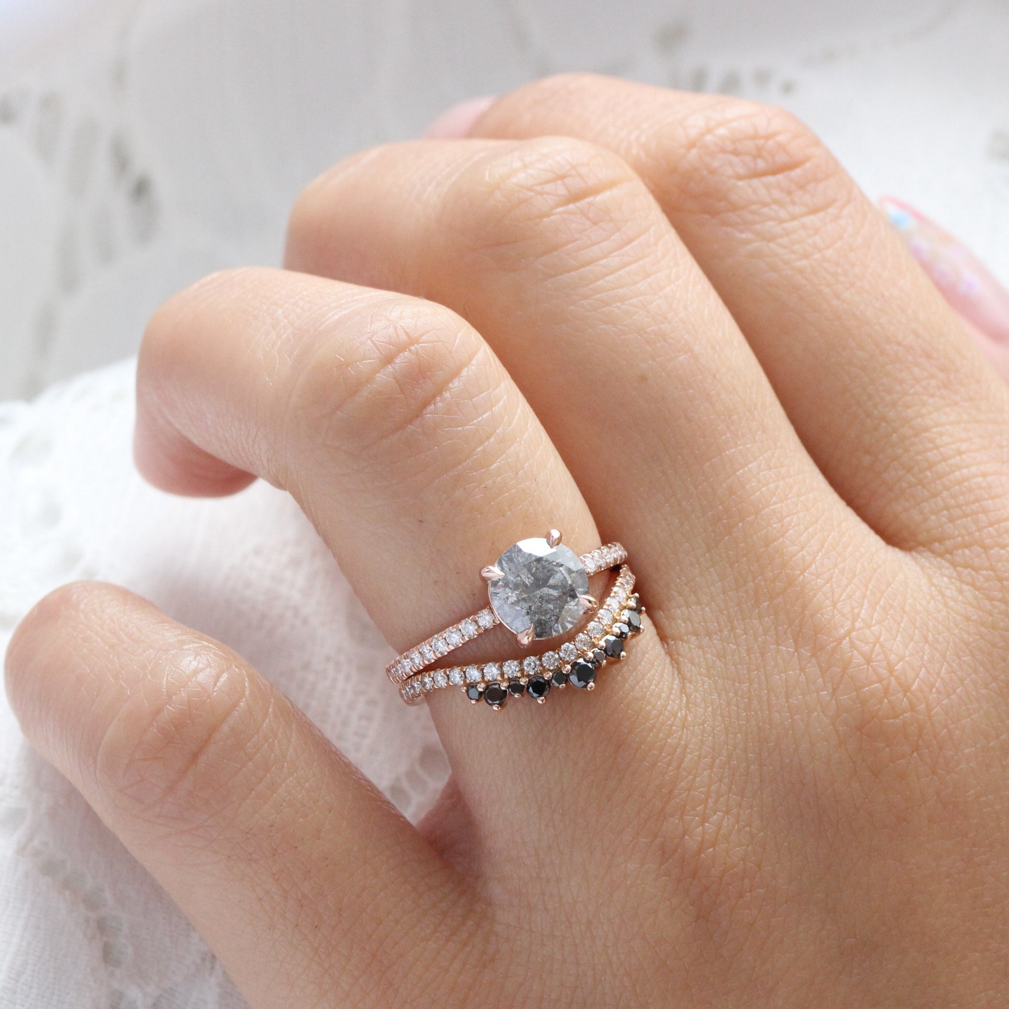 Round salt and pepper diamond ring rose gold solitaire grey diamond ring la more design jewelry