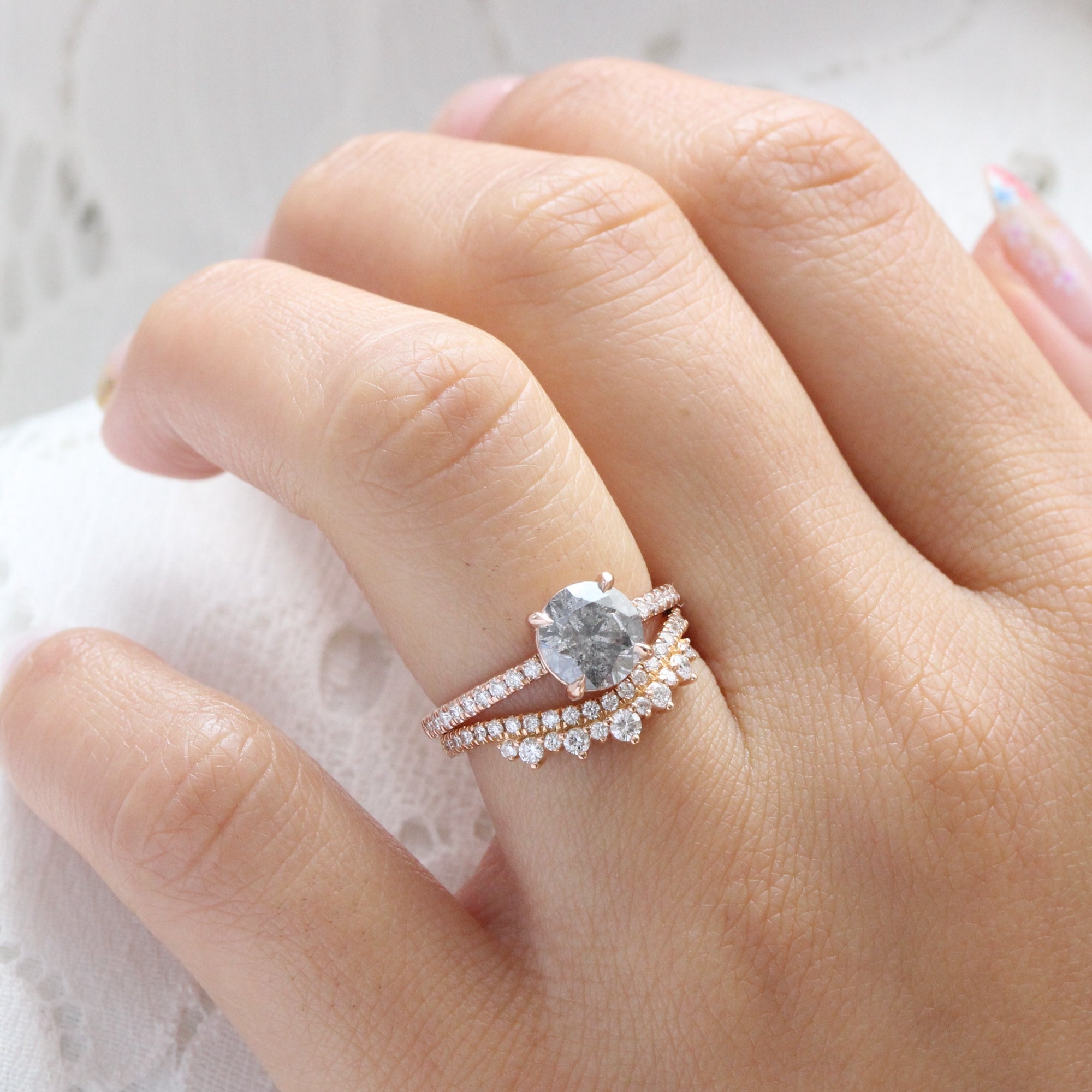 Round salt and pepper diamond ring rose gold solitaire grey diamond ring la more design jewelry