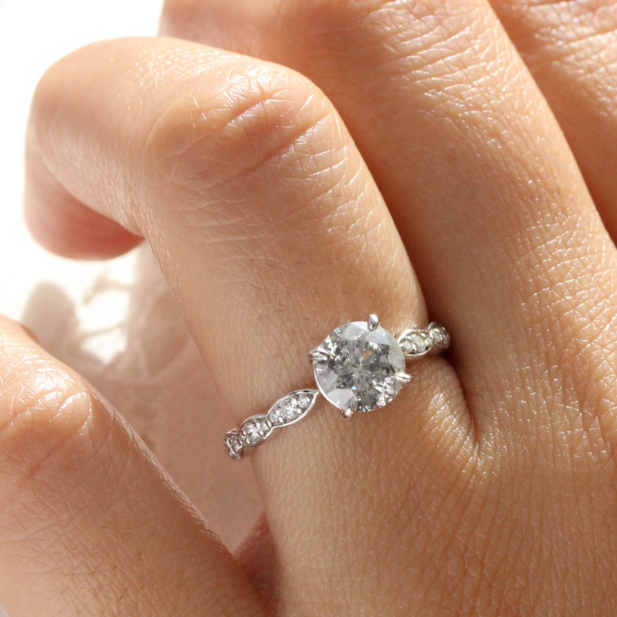 Round salt and pepper diamond ring white gold grey diamond solitaire ring la more design jewelry