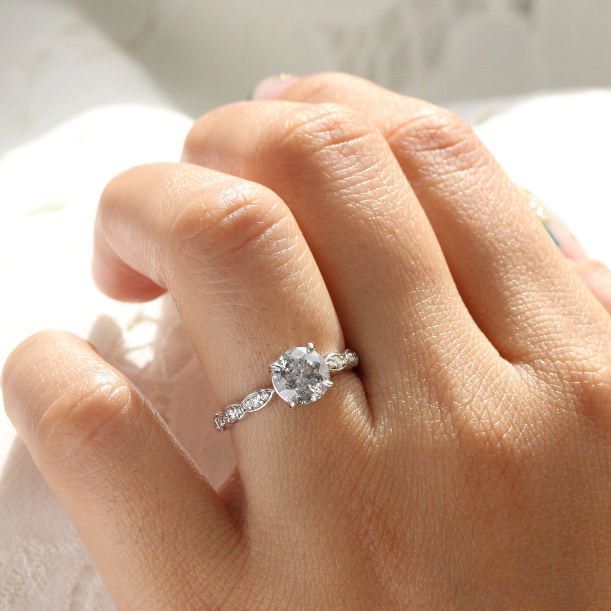 Round salt and pepper diamond ring white gold grey diamond solitaire ring la more design jewelry