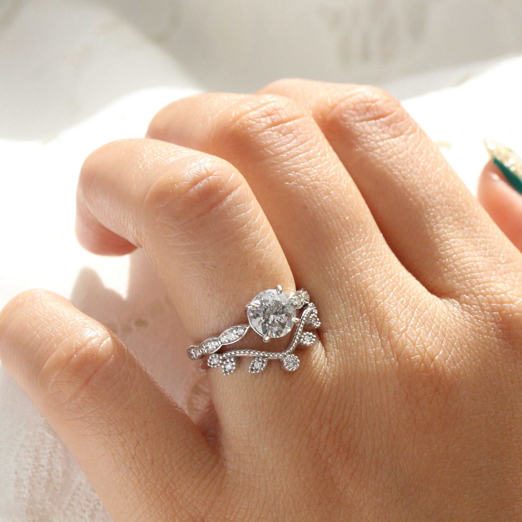 Round salt and pepper diamond ring white gold grey diamond solitaire ring la more design jewelry